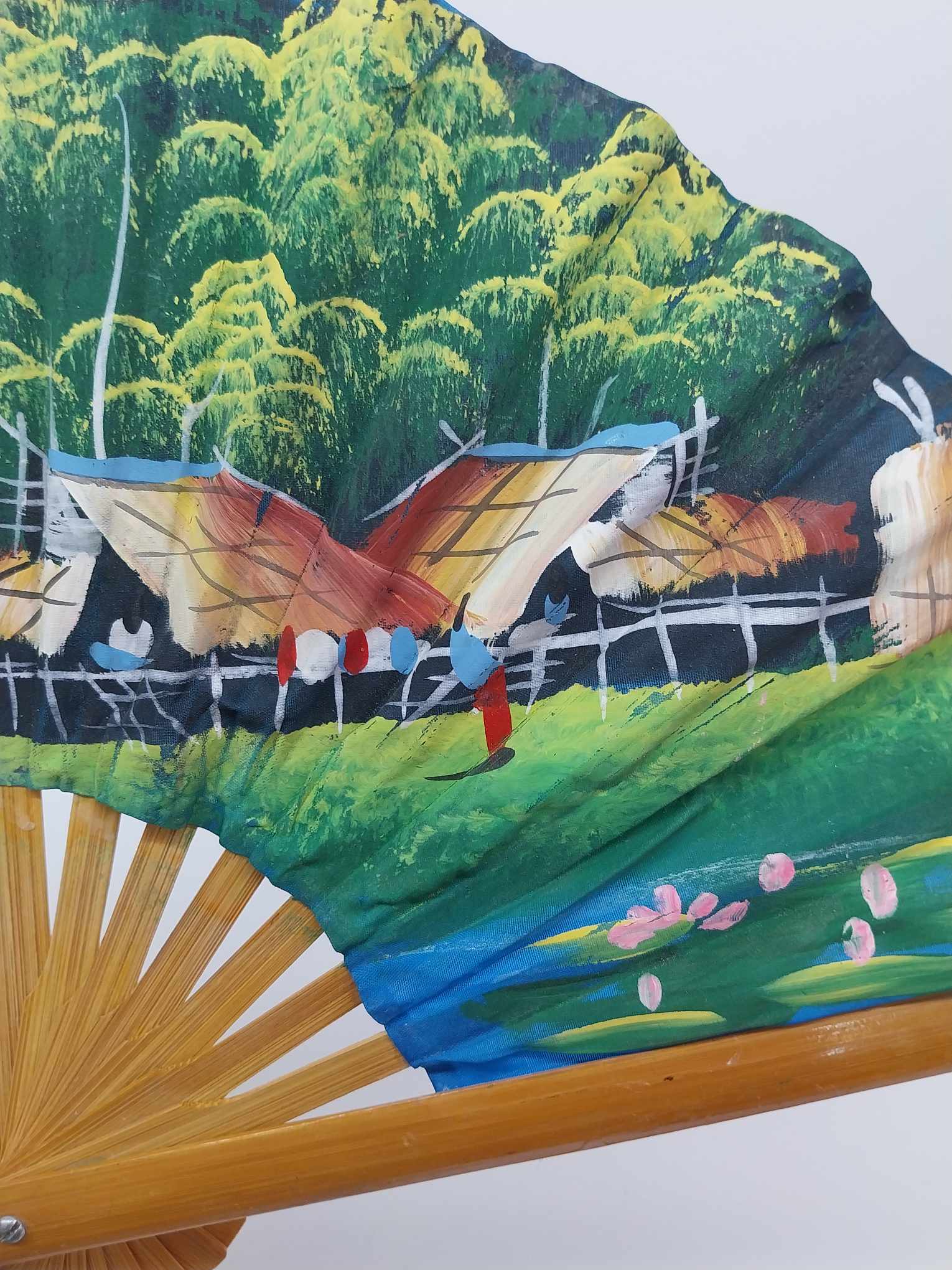 Vintage hand painted Asian fan, Bamboo hand fan
