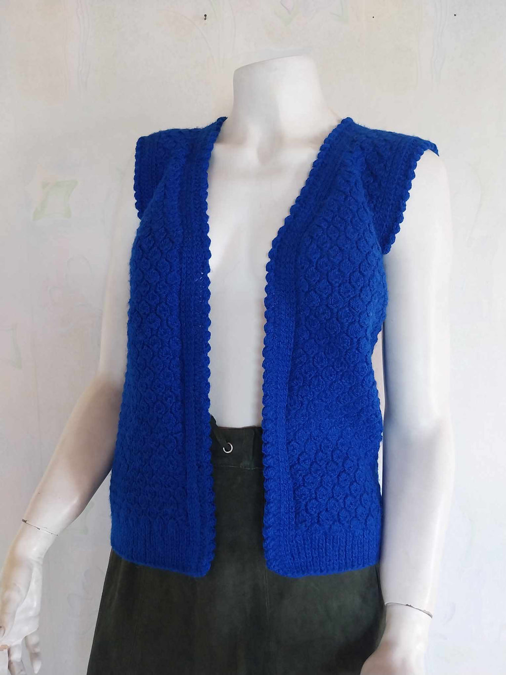 Vintage Hand-Knitted Wool Vest – Cobalt Blue Open Front