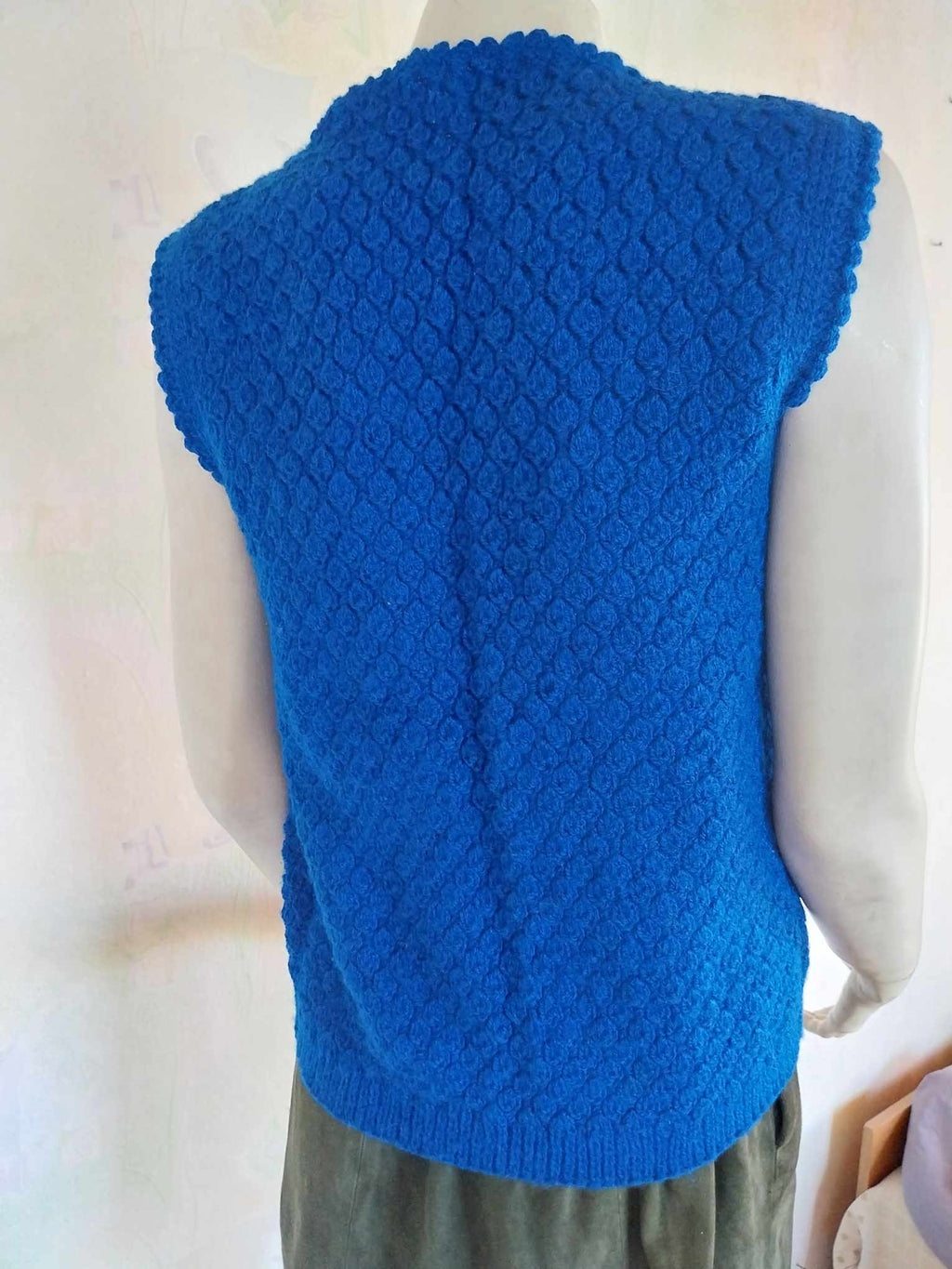 Vintage Hand-Knitted Wool Vest – Cobalt Blue Open Front