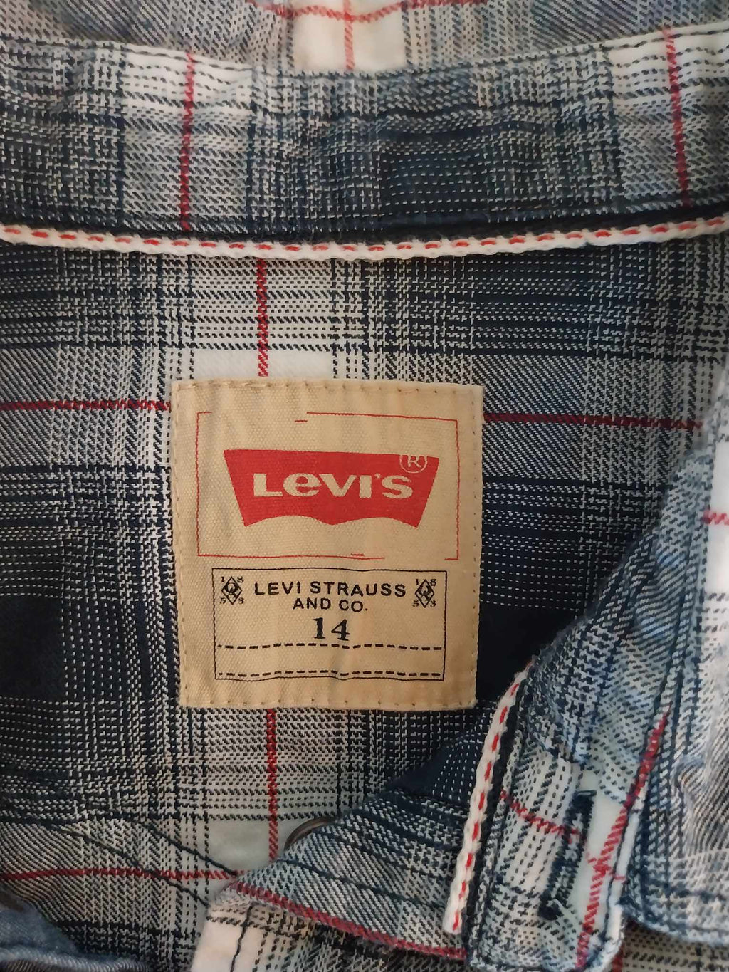 Levi's plaid western shirt blue white red check on hanger