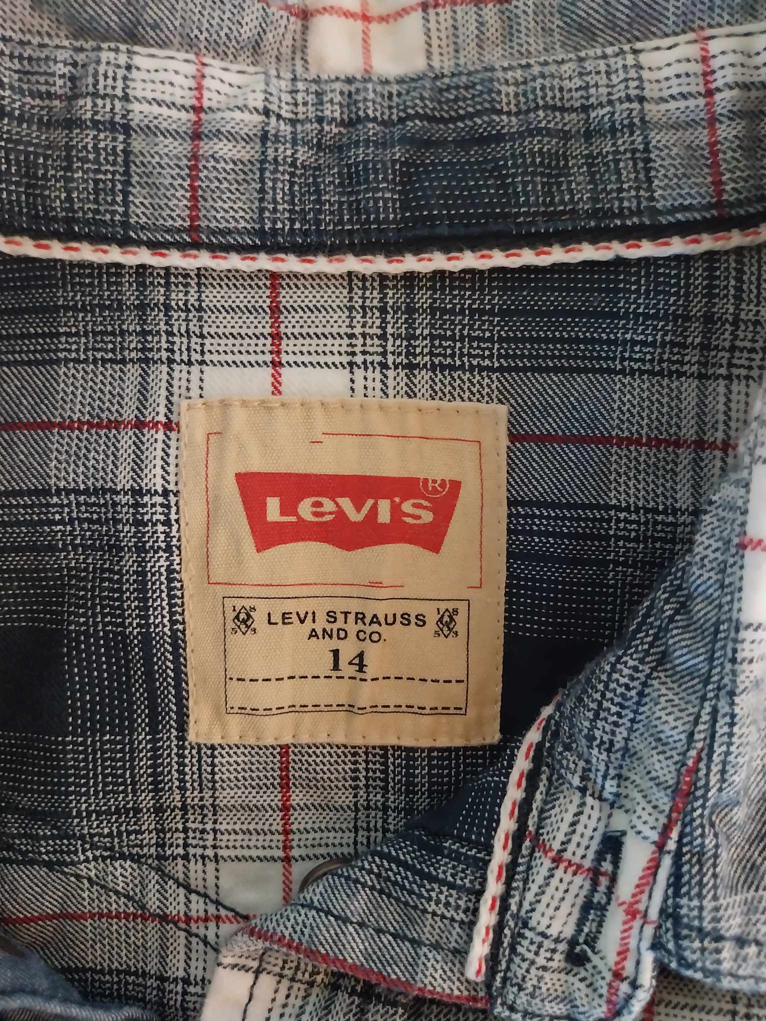 Levi's plaid western shirt blue white red check on hanger