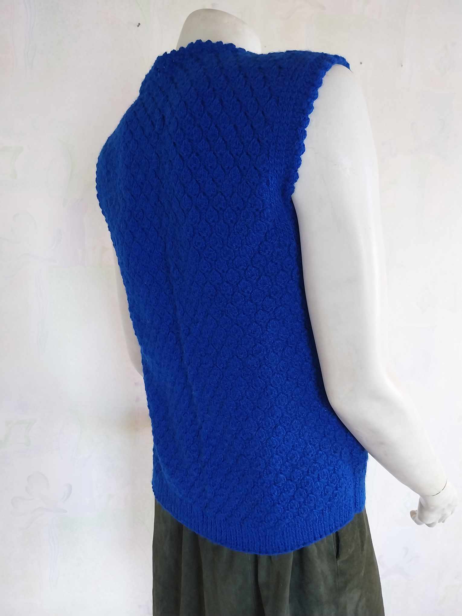 Vintage Hand-Knitted Wool Vest – Cobalt Blue Open Front