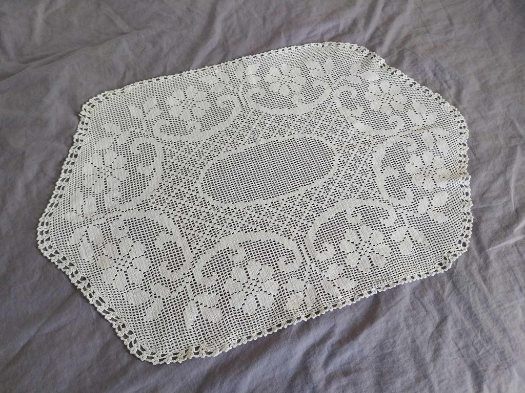 Vintage Hand Crocheted Lace Doily — White, Floral Pattern, Hexagonal