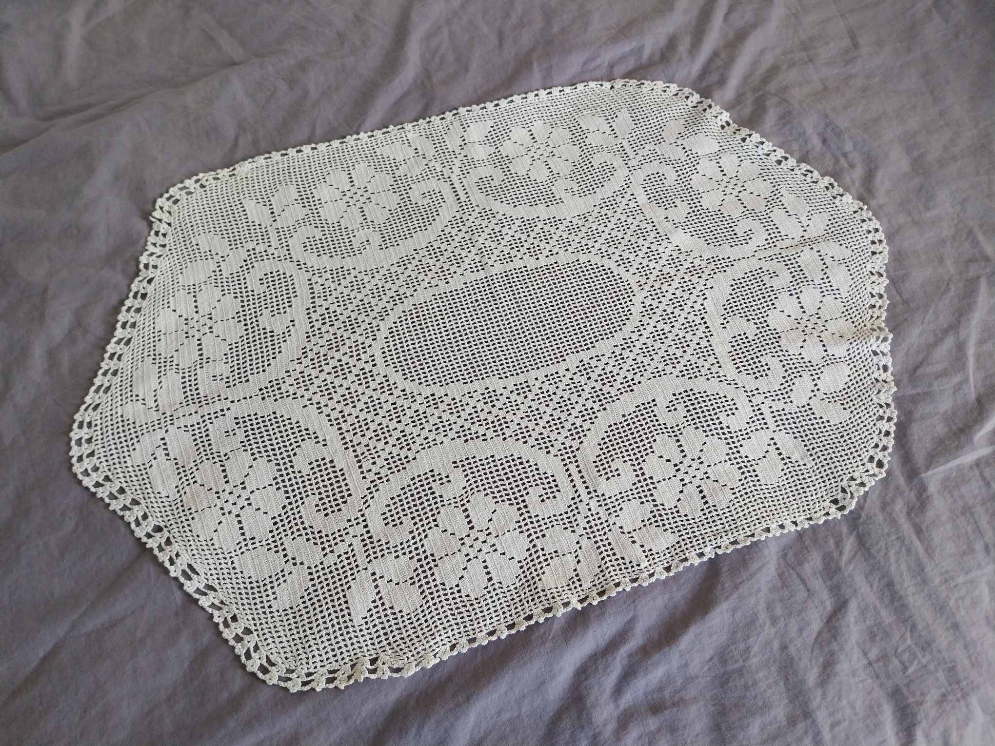 Vintage Hand Crocheted Lace Doily — White, Floral Pattern, Hexagonal