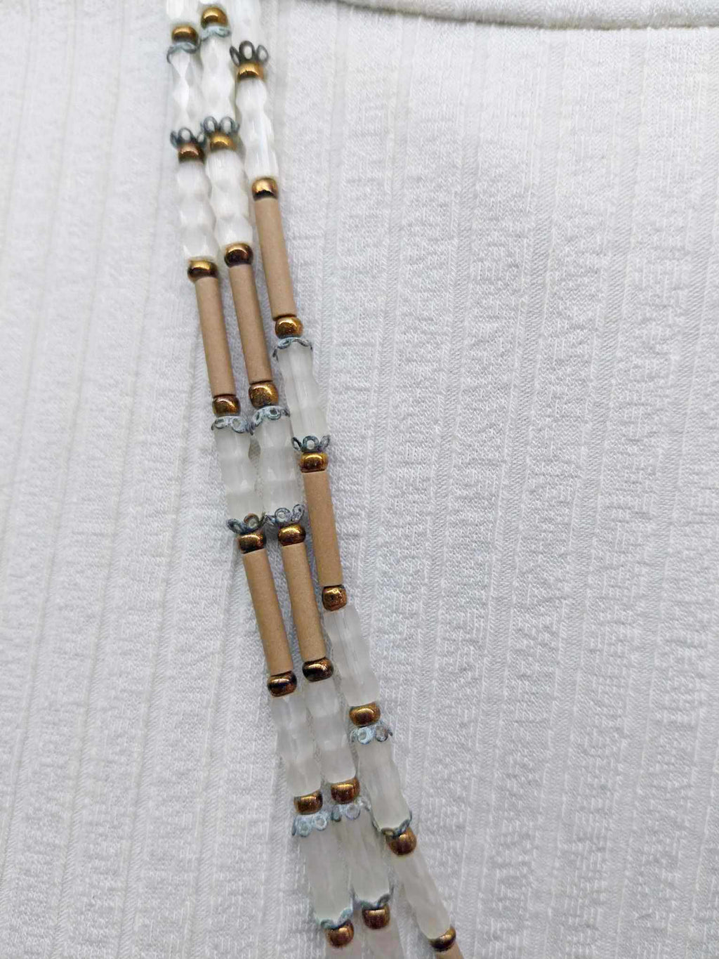 Vintage Multi-Strand Beaded Necklace — White & Beige Tubes with Gold Clasp