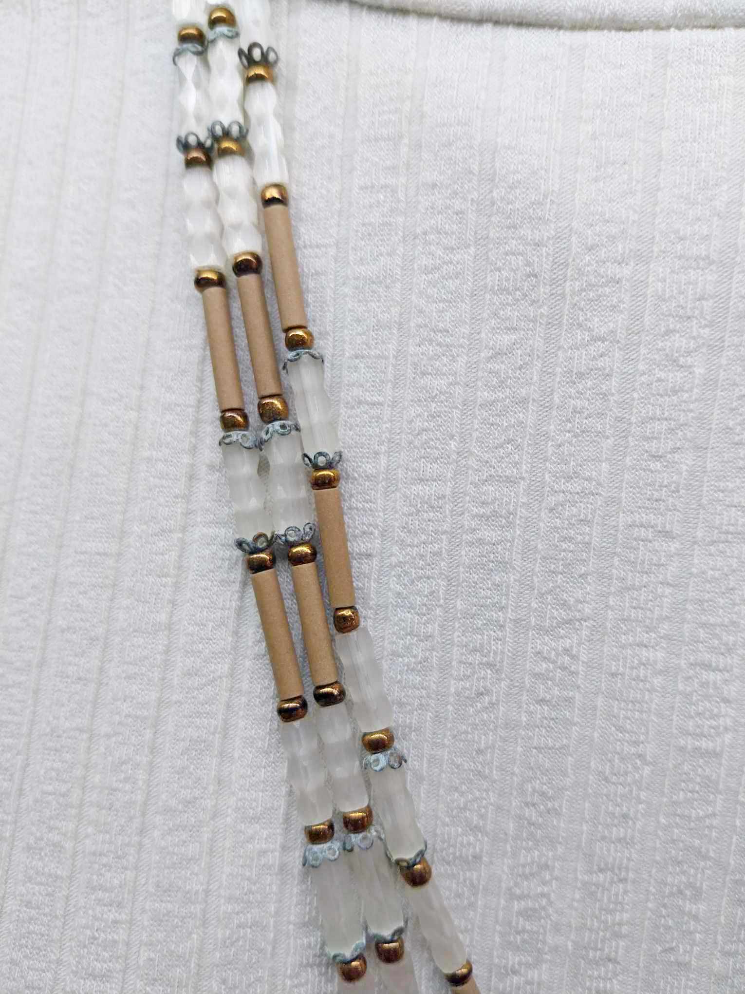 Vintage Multi-Strand Beaded Necklace — White & Beige Tubes with Gold Clasp