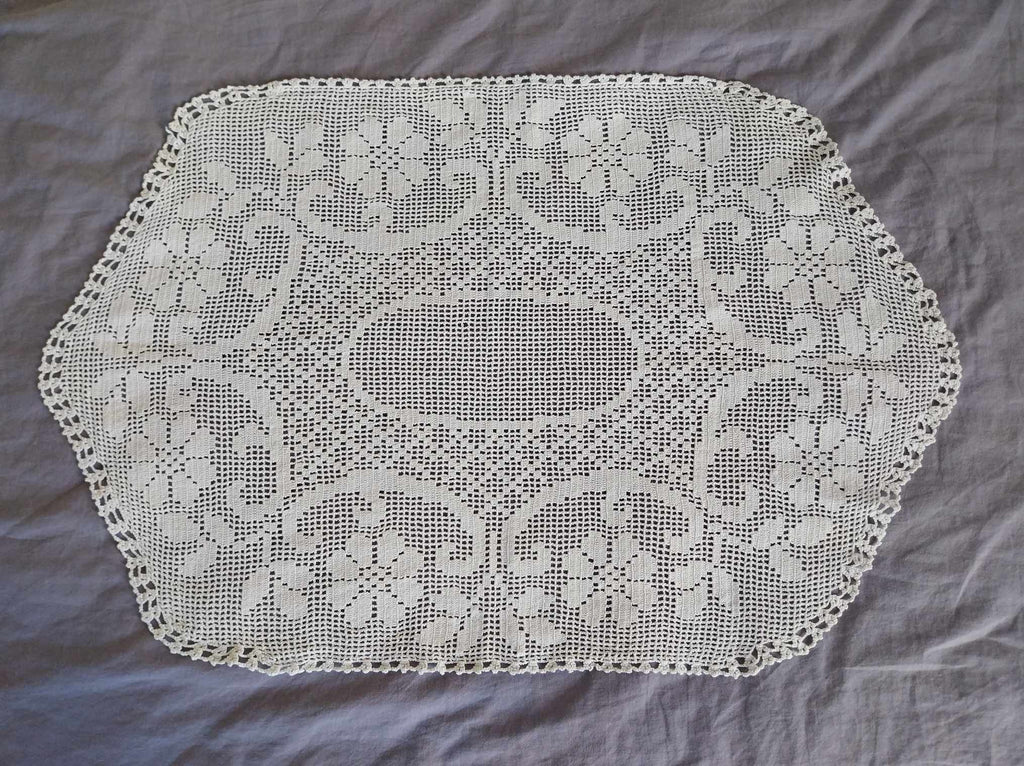 Vintage Hand Crocheted Lace Doily — White, Floral Pattern, Hexagonal