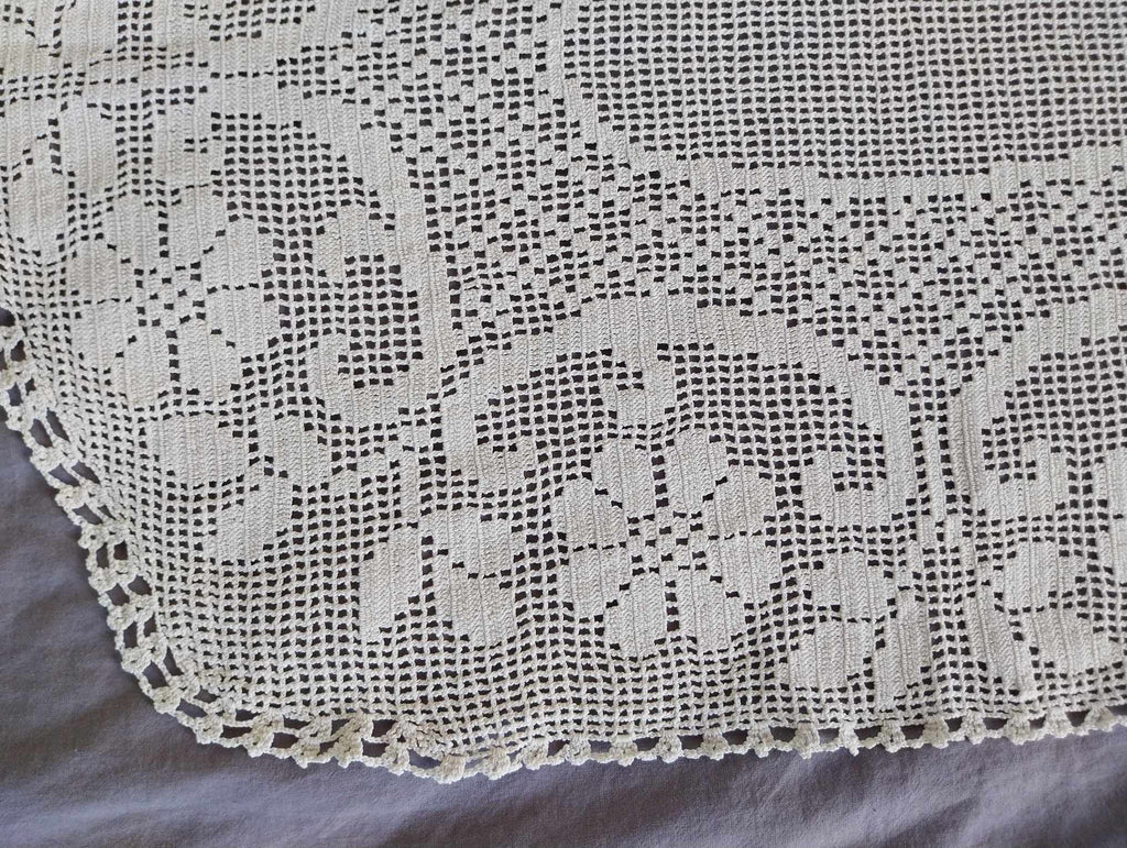 Vintage Hand Crocheted Lace Doily — White, Floral Pattern, Hexagonal