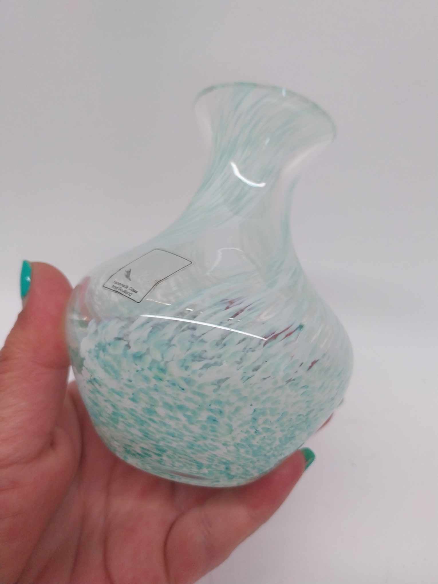 Scottish Handmade Art Glass Vase — Teal Swirl  - Vintage