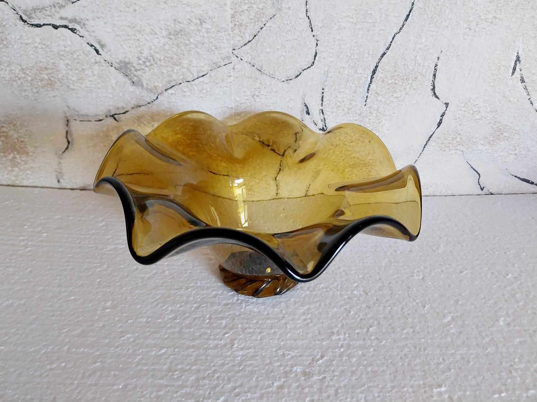 Vintage Bulgarian amber glass candy bowl with ruffled wave rim and twisted rope base, 1970s