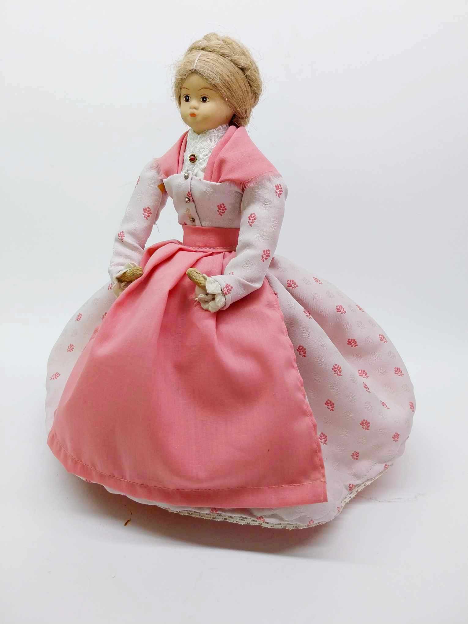 Vintage Handmade Burlap Doll with Ceramic Face — Pink Victorian Dress