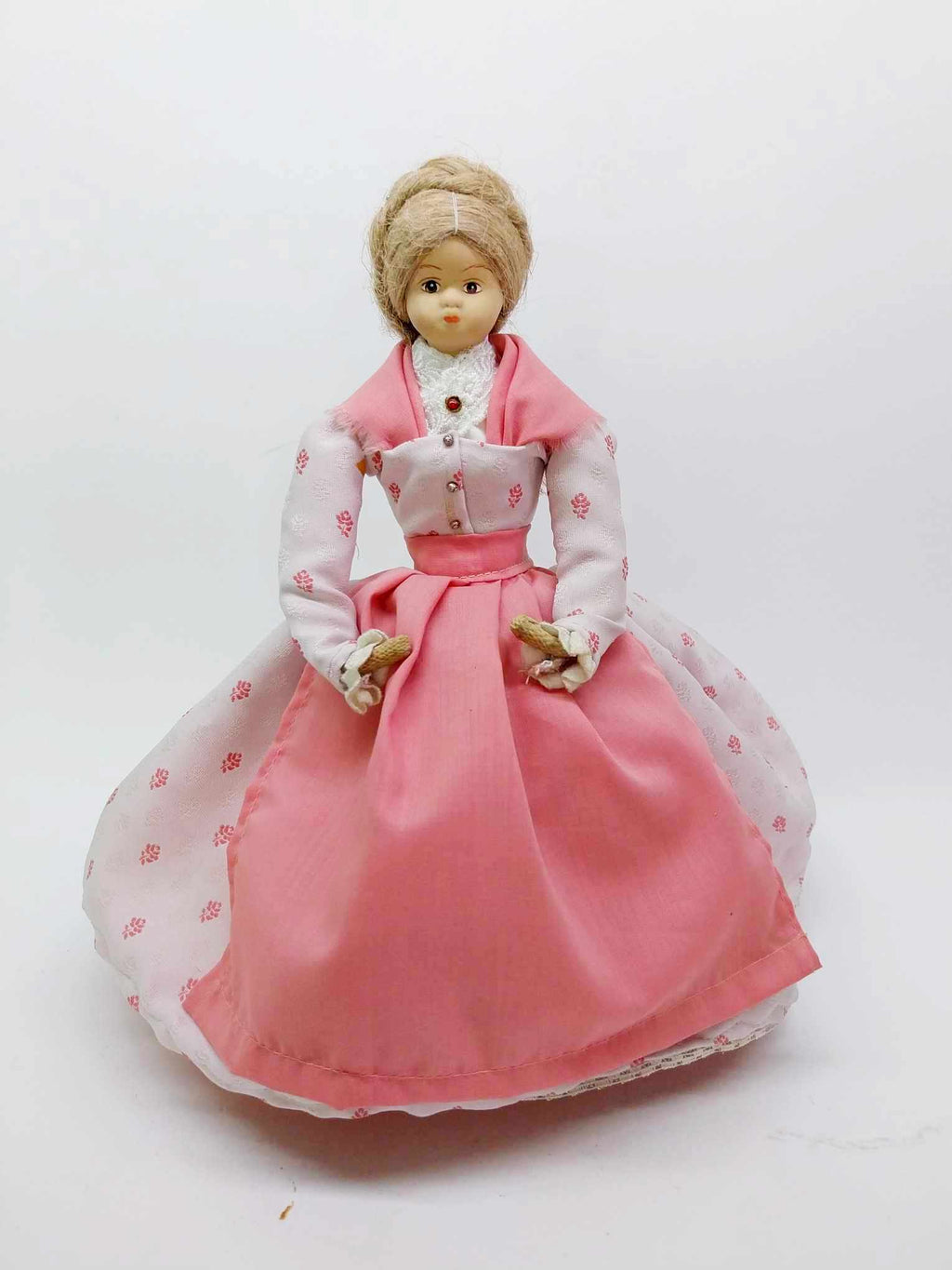 Vintage Handmade Burlap Doll with Ceramic Face — Pink Victorian Dress