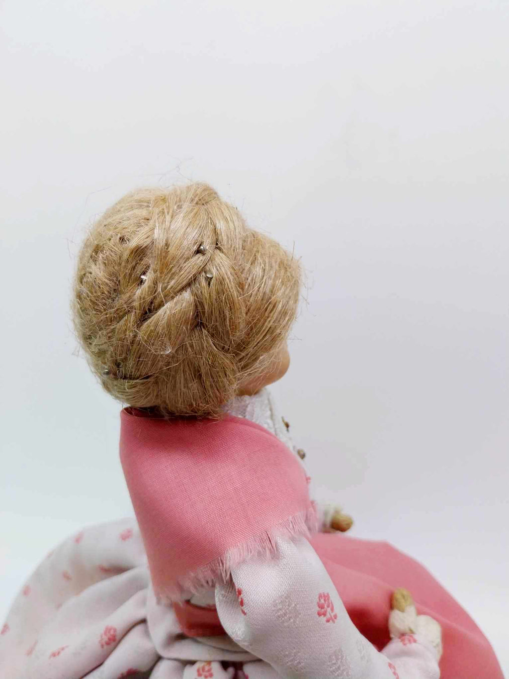 Vintage Handmade Burlap Doll with Ceramic Face — Pink Victorian Dress