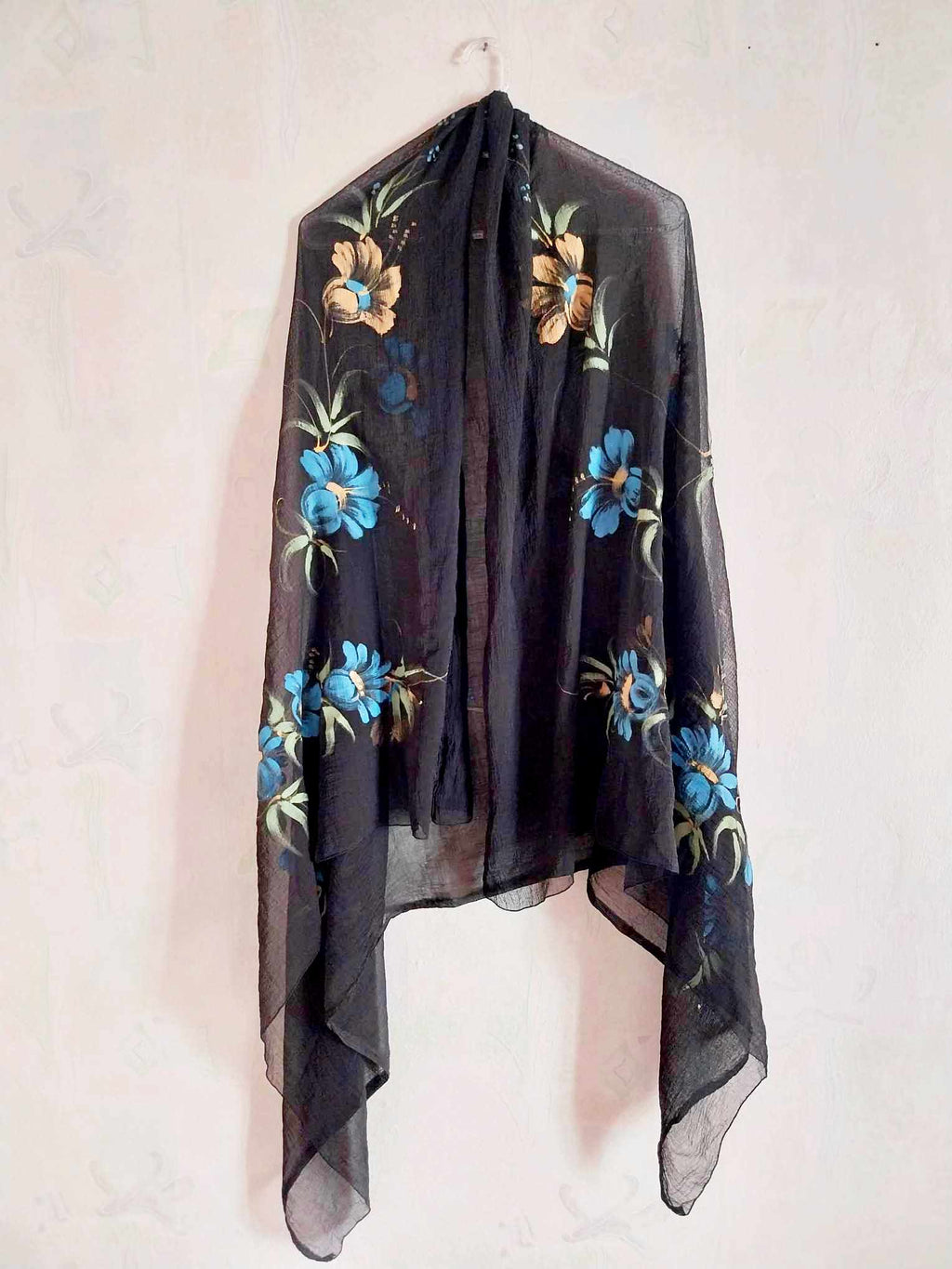 Vintage Hand-Painted Airy Scarf with Floral Design