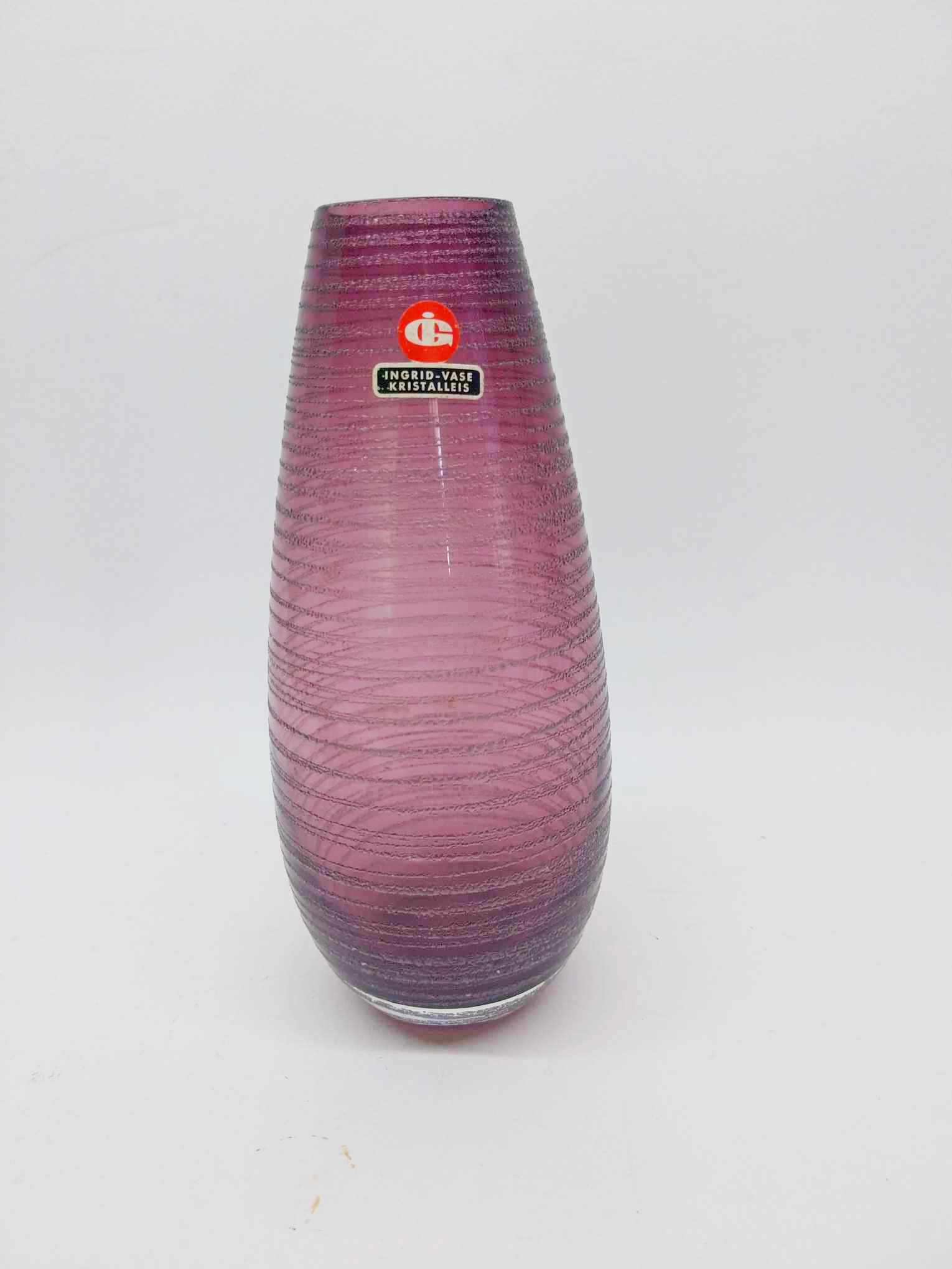 Vintage Ingrid Glas Kristalleis amethyst purple vase with original label, West Germany