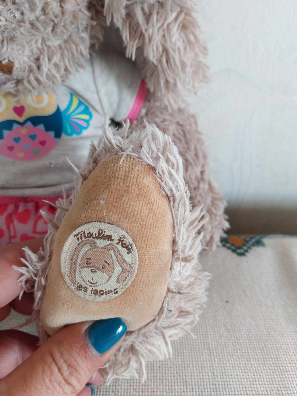 Moulin Roty Plush Rabbit – Fluffy Bunny with Owl T-shirt & Heart Shorts