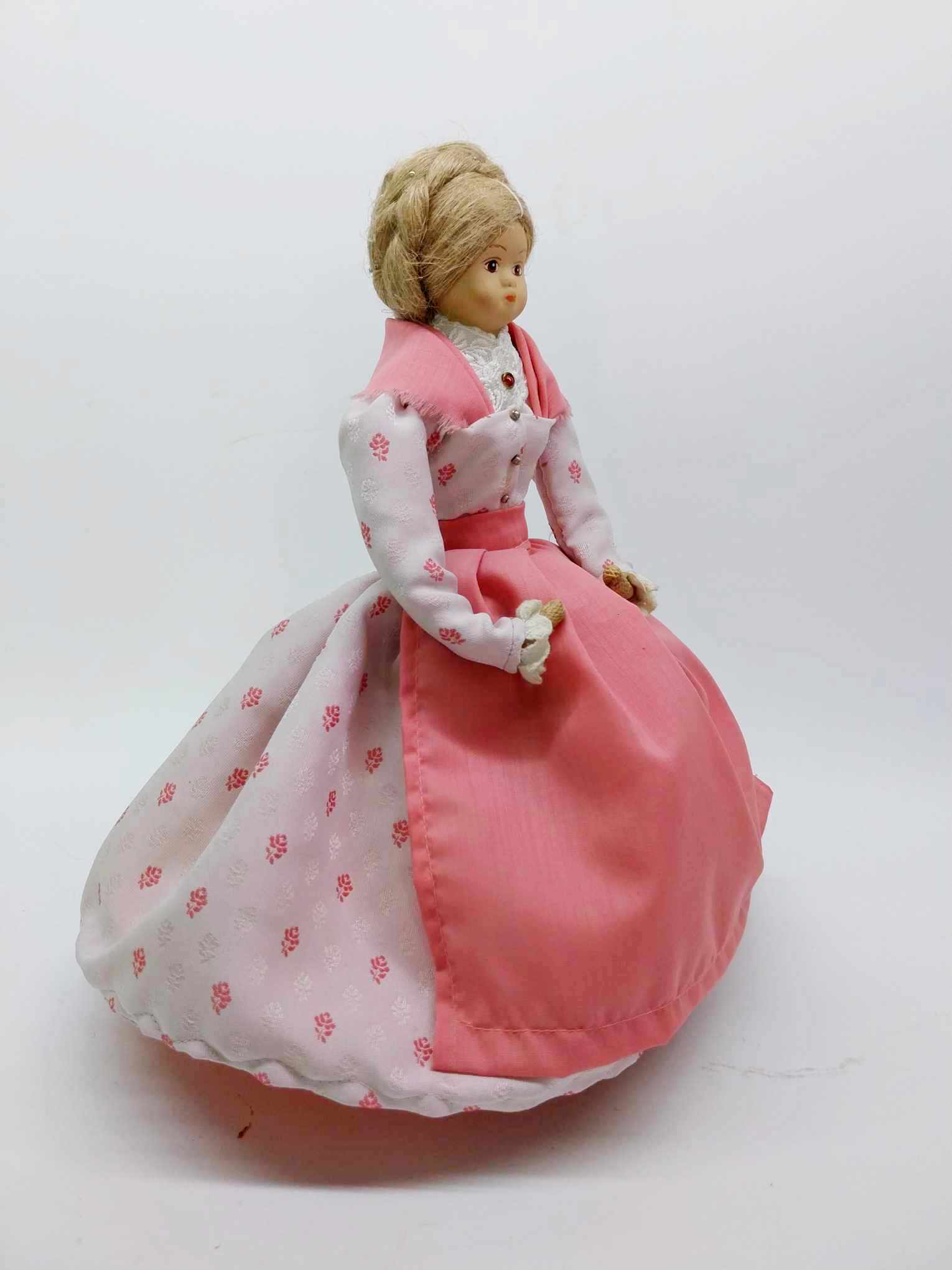 Vintage Handmade Burlap Doll with Ceramic Face — Pink Victorian Dress