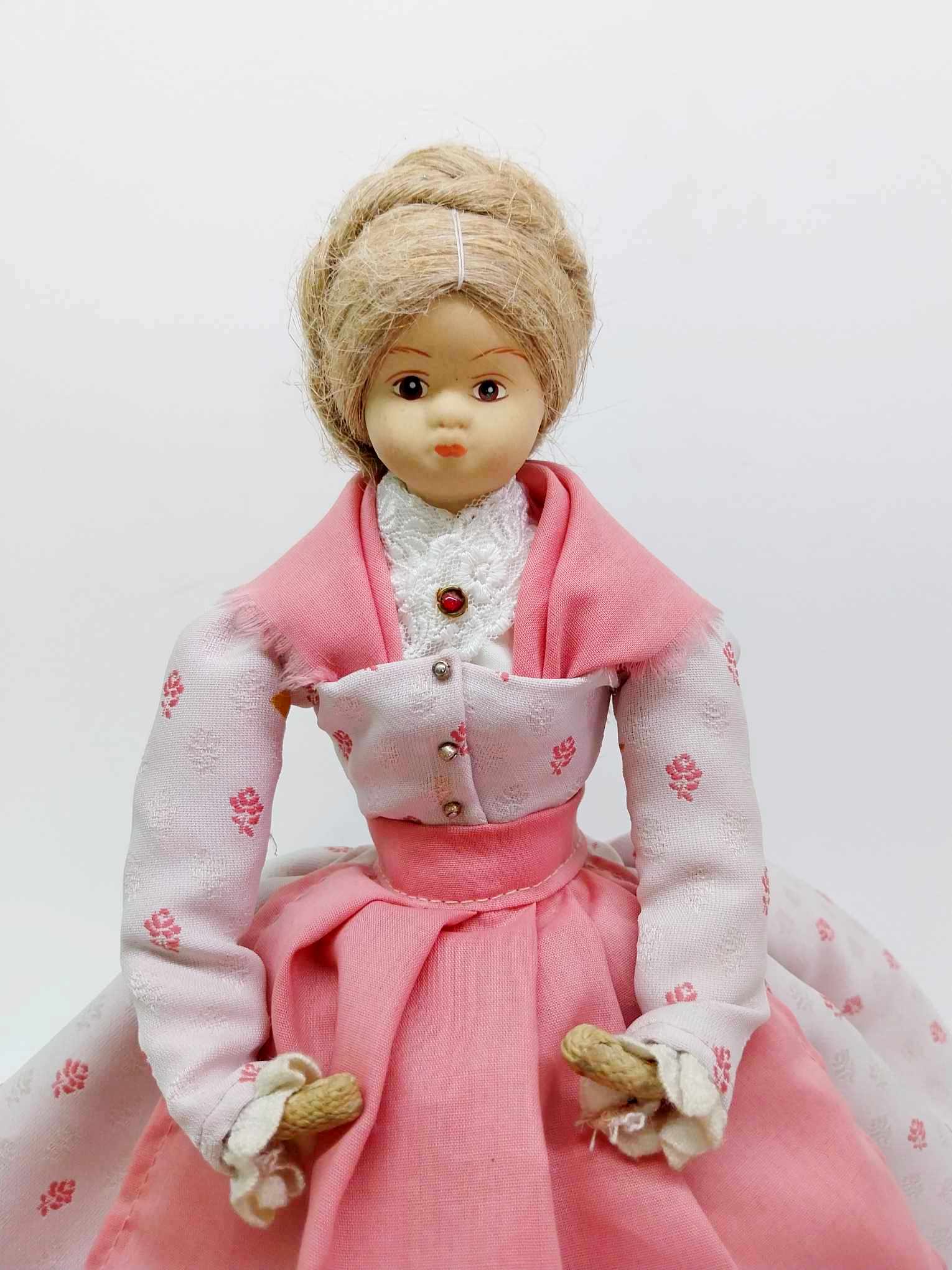 Vintage Handmade Burlap Doll with Ceramic Face — Pink Victorian Dress