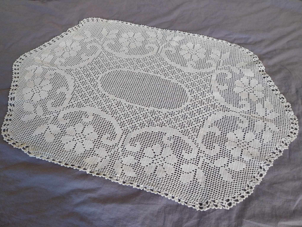Vintage Hand Crocheted Lace Doily — White, Floral Pattern, Hexagonal