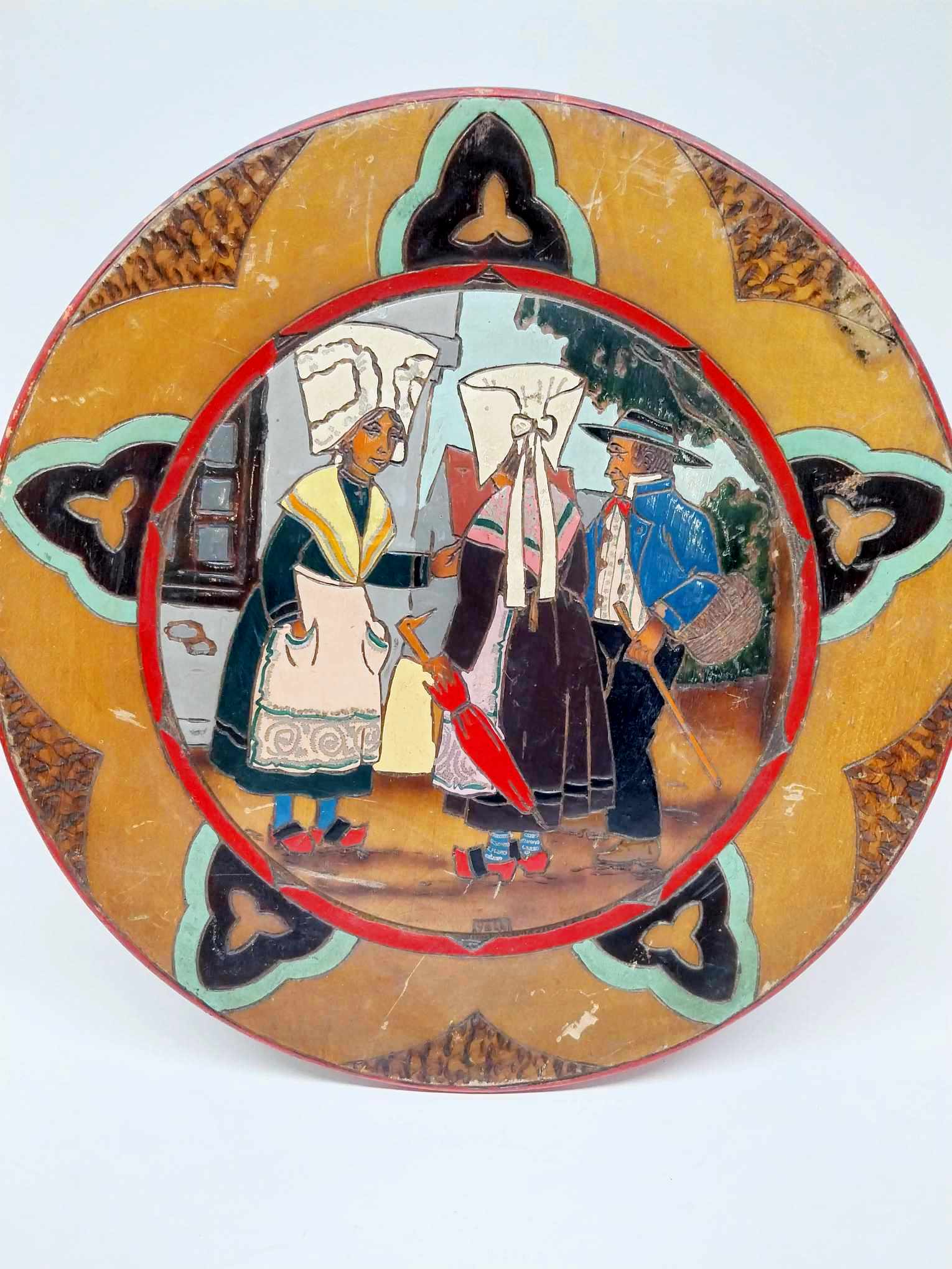 Vintage French cloisonné decorative plate from Châtellerault with Breton folk scene