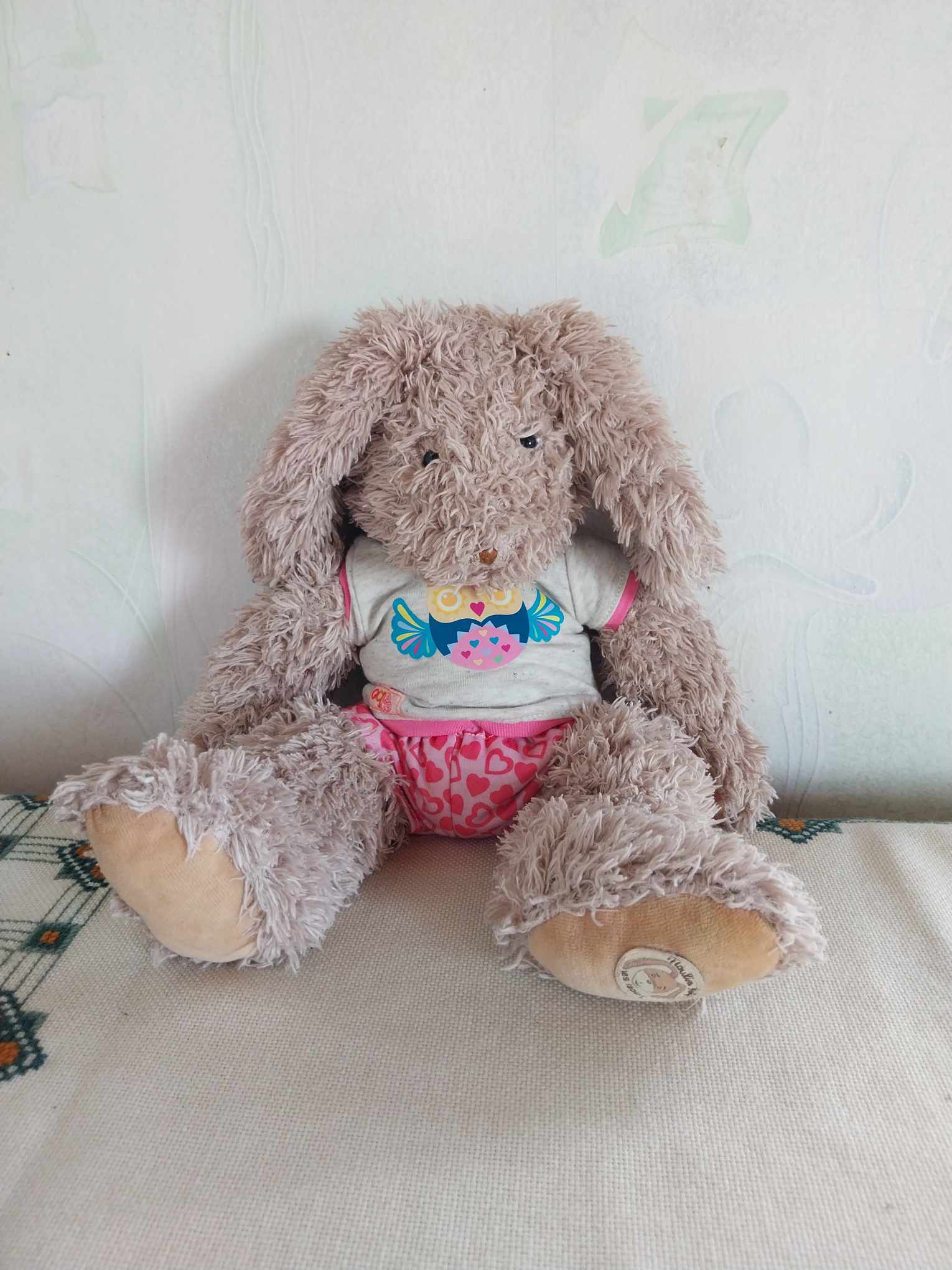 Moulin Roty Plush Rabbit – Fluffy Bunny with Owl T-shirt & Heart Shorts