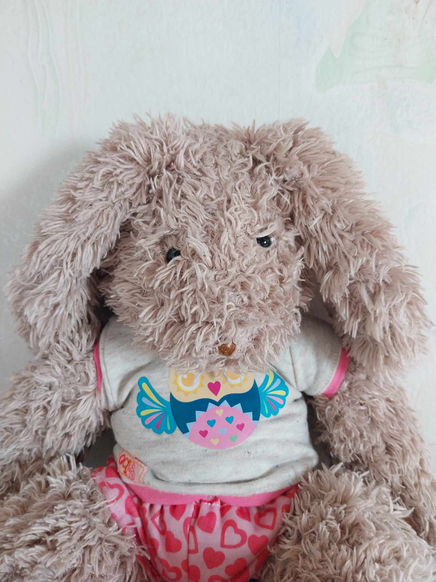 Moulin Roty Plush Rabbit – Fluffy Bunny with Owl T-shirt & Heart Shorts