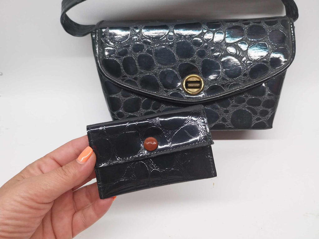 Vintage Black Embossed Handbag & Wallet Set, Retro Accessories for Her