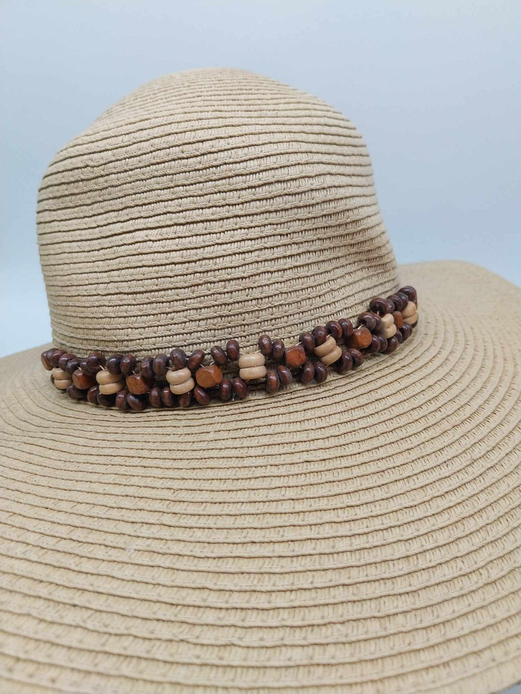Vintage Straw Hat — Mexican Women's Sun Hat - Wide Brim with Wooden Beads