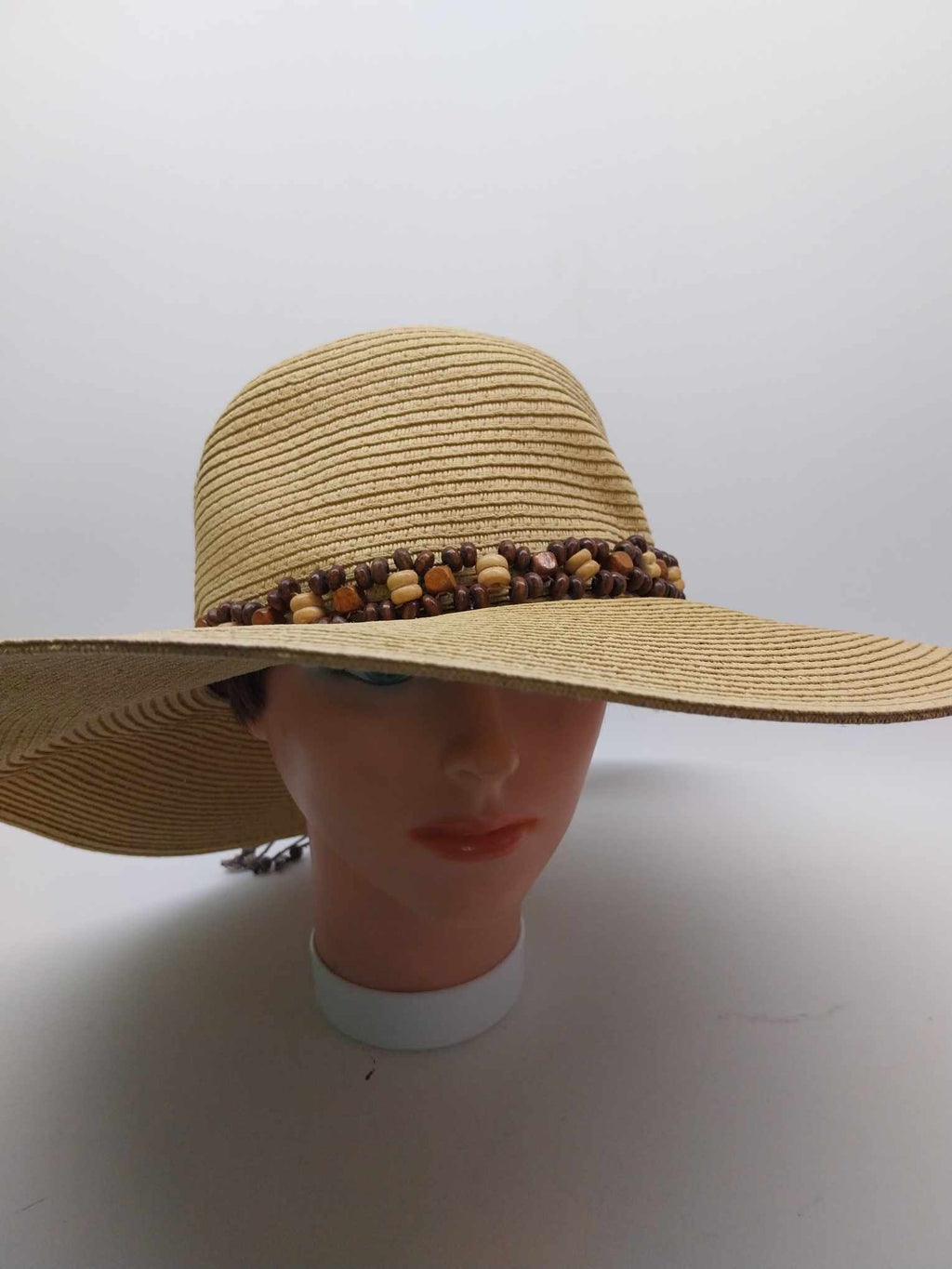 Vintage Straw Hat — Mexican Women's Sun Hat - Wide Brim with Wooden Beads
