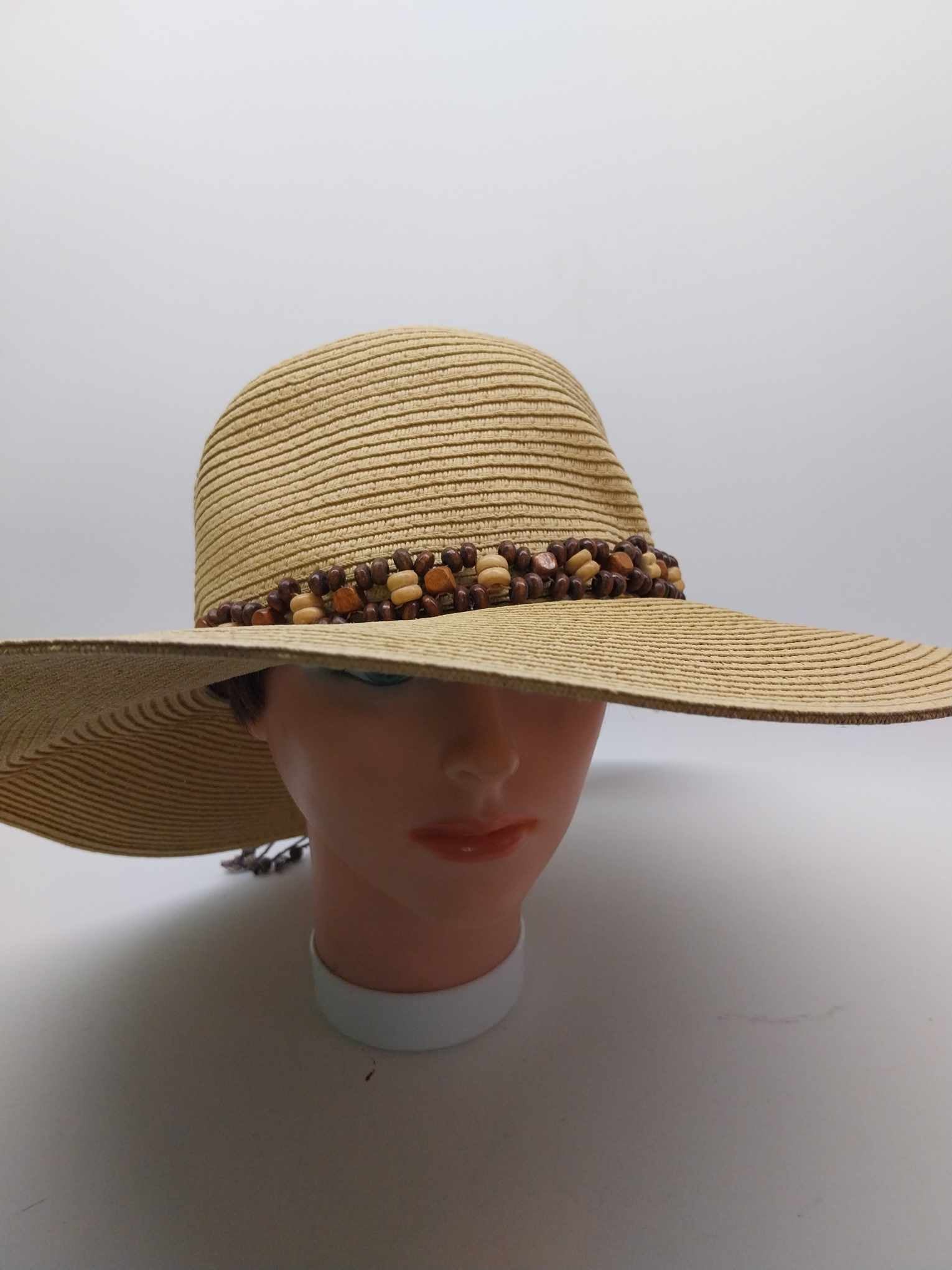 Vintage Straw Hat — Mexican Women's Sun Hat - Wide Brim with Wooden Beads