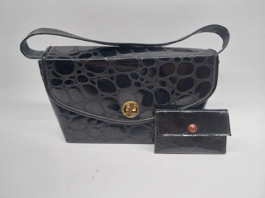 Vintage Black Embossed Handbag & Wallet Set, Retro Accessories for Her