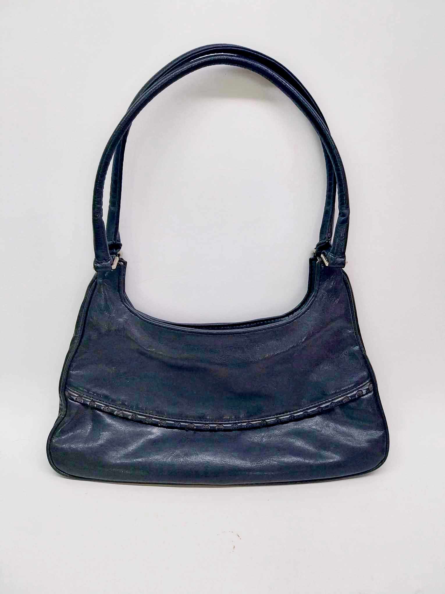 Vintage Black Leather Women's Shoulder Bag – Double Handle, Made in Italy
