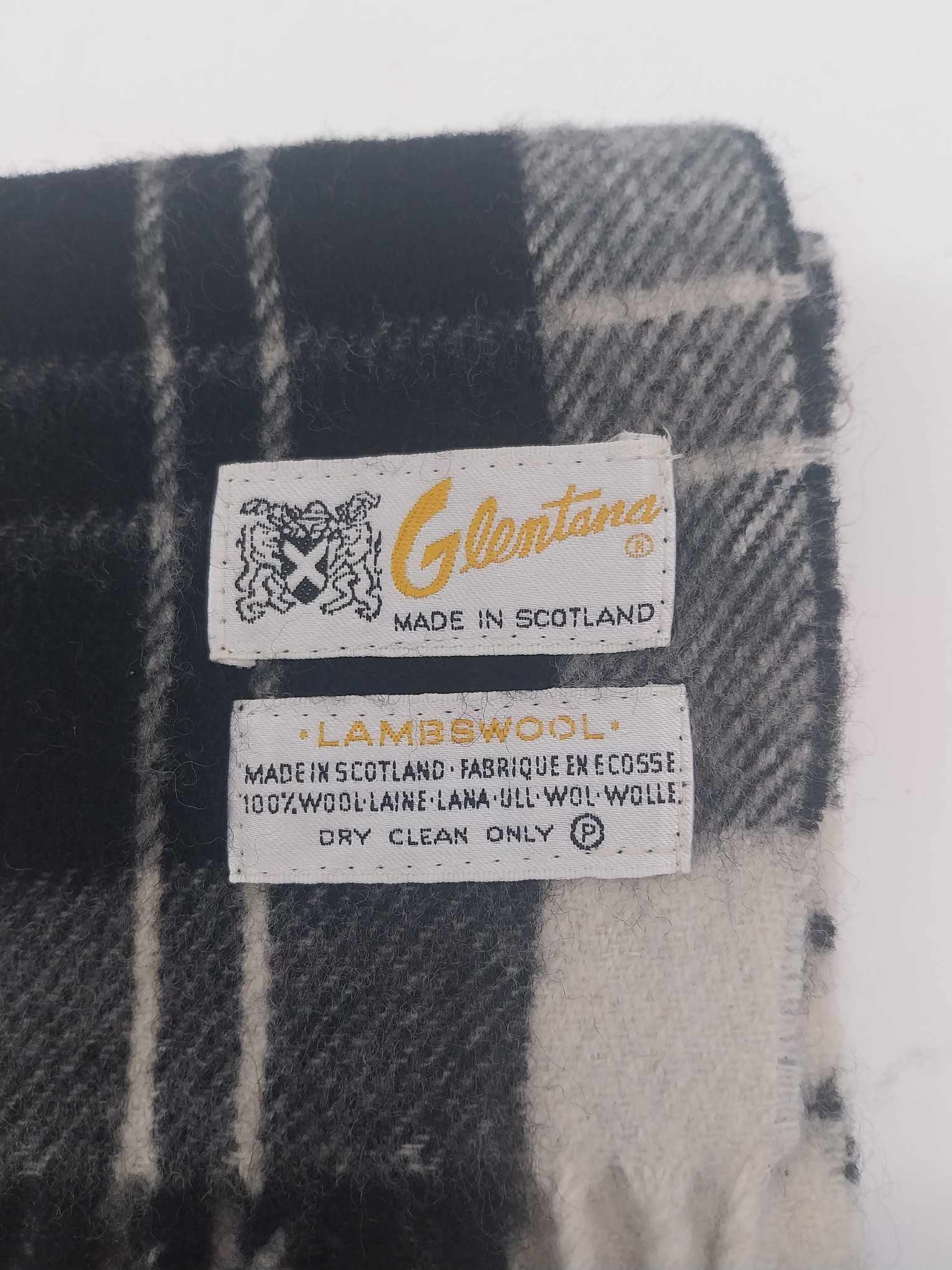 Vintage Glentana Lambswool Scarf – Black & Cream Tartan, Made in Scotland