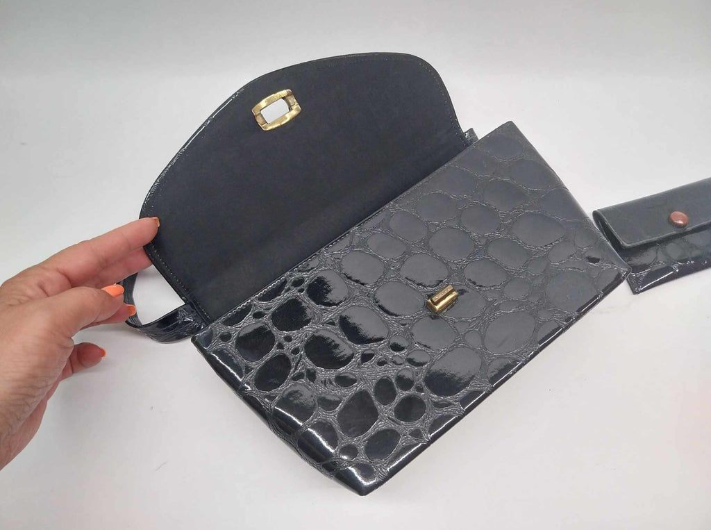 Vintage Black Embossed Handbag & Wallet Set, Retro Accessories for Her