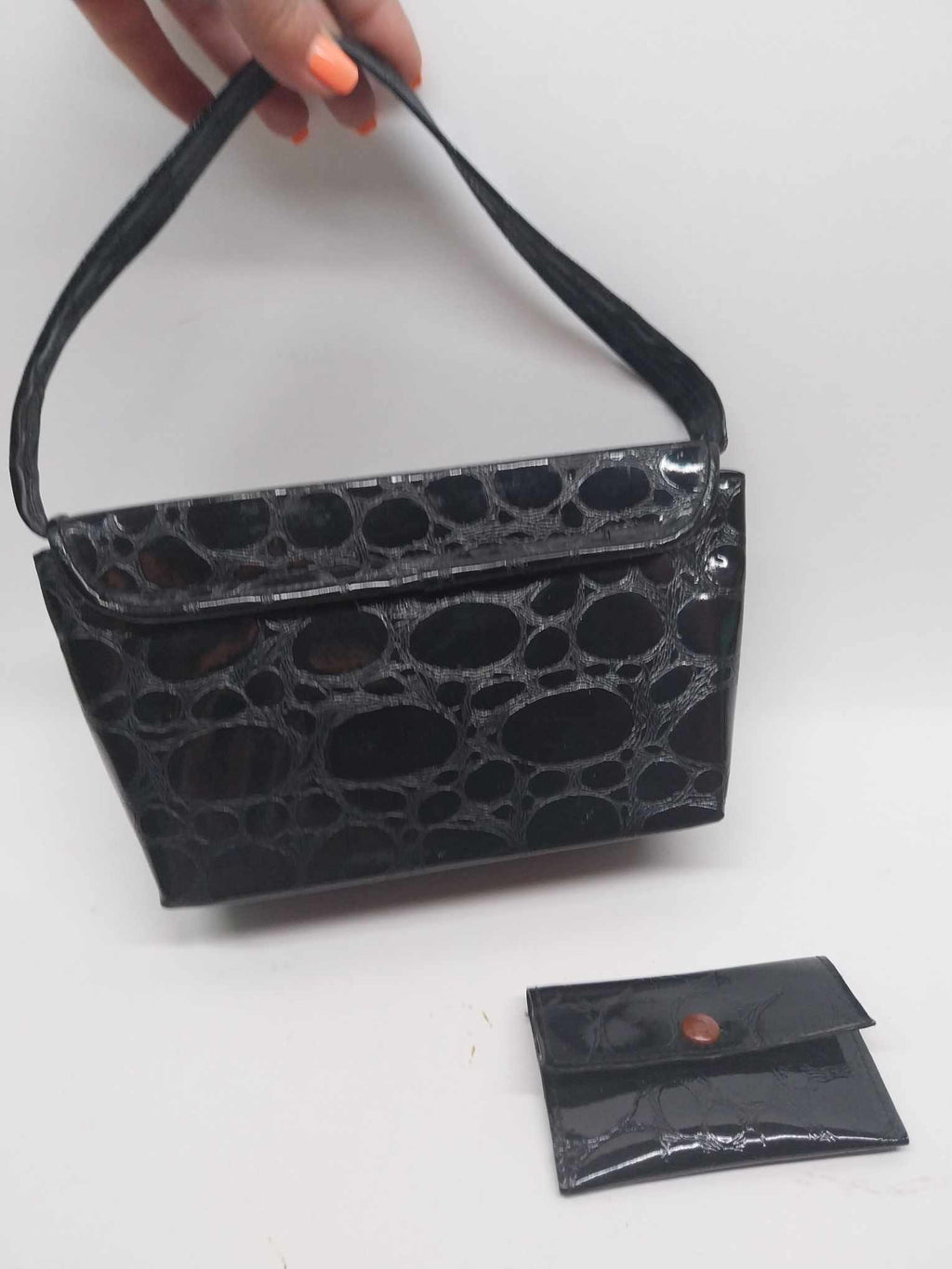 Vintage Black Embossed Handbag & Wallet Set, Retro Accessories for Her