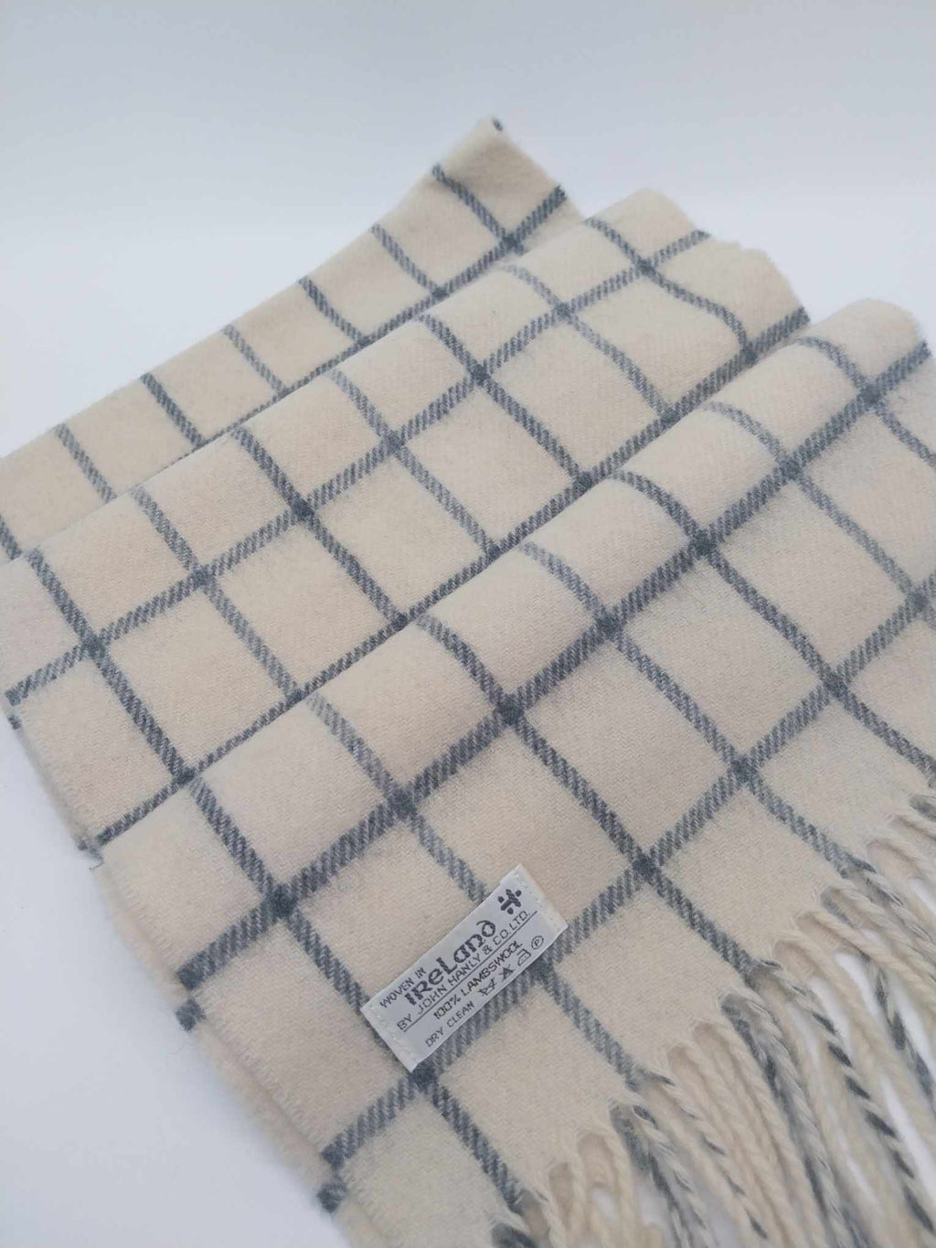 Vintage John Hanly & Co. Lambswool Scarf – Cream & Grey Check, Woven in Ireland