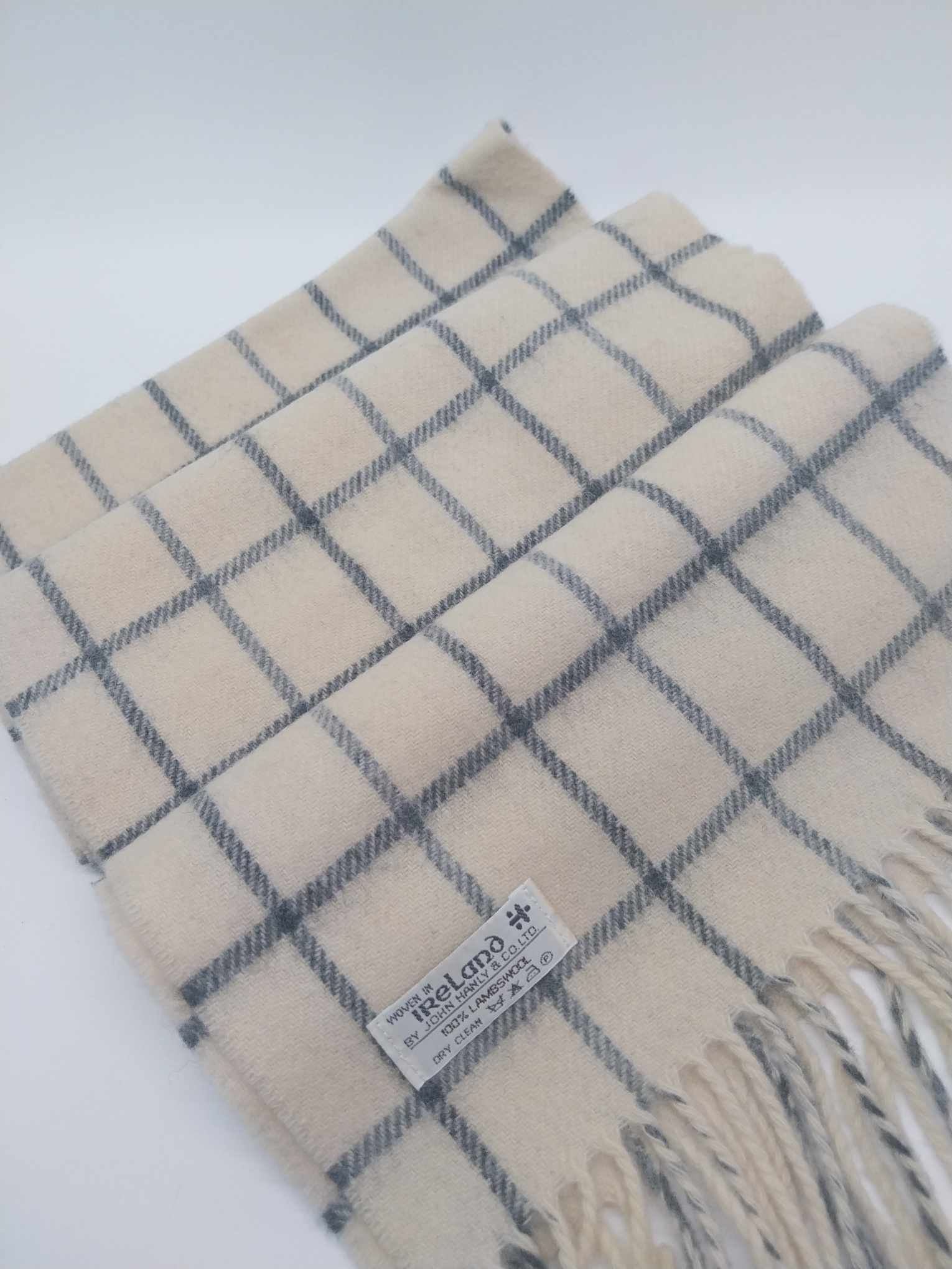 Vintage John Hanly & Co. Lambswool Scarf – Cream & Grey Check, Woven in Ireland