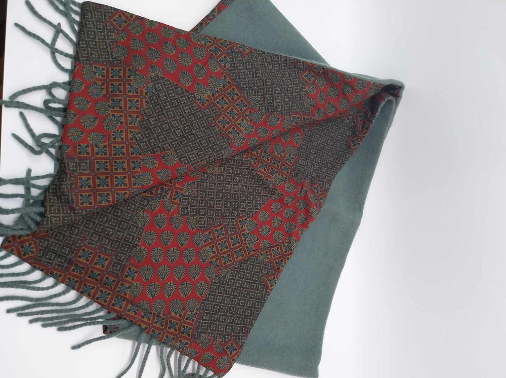 Vintage Hubert Milano Reversible Scarf – Oriental Paisley Print & Sage Green, Fringed