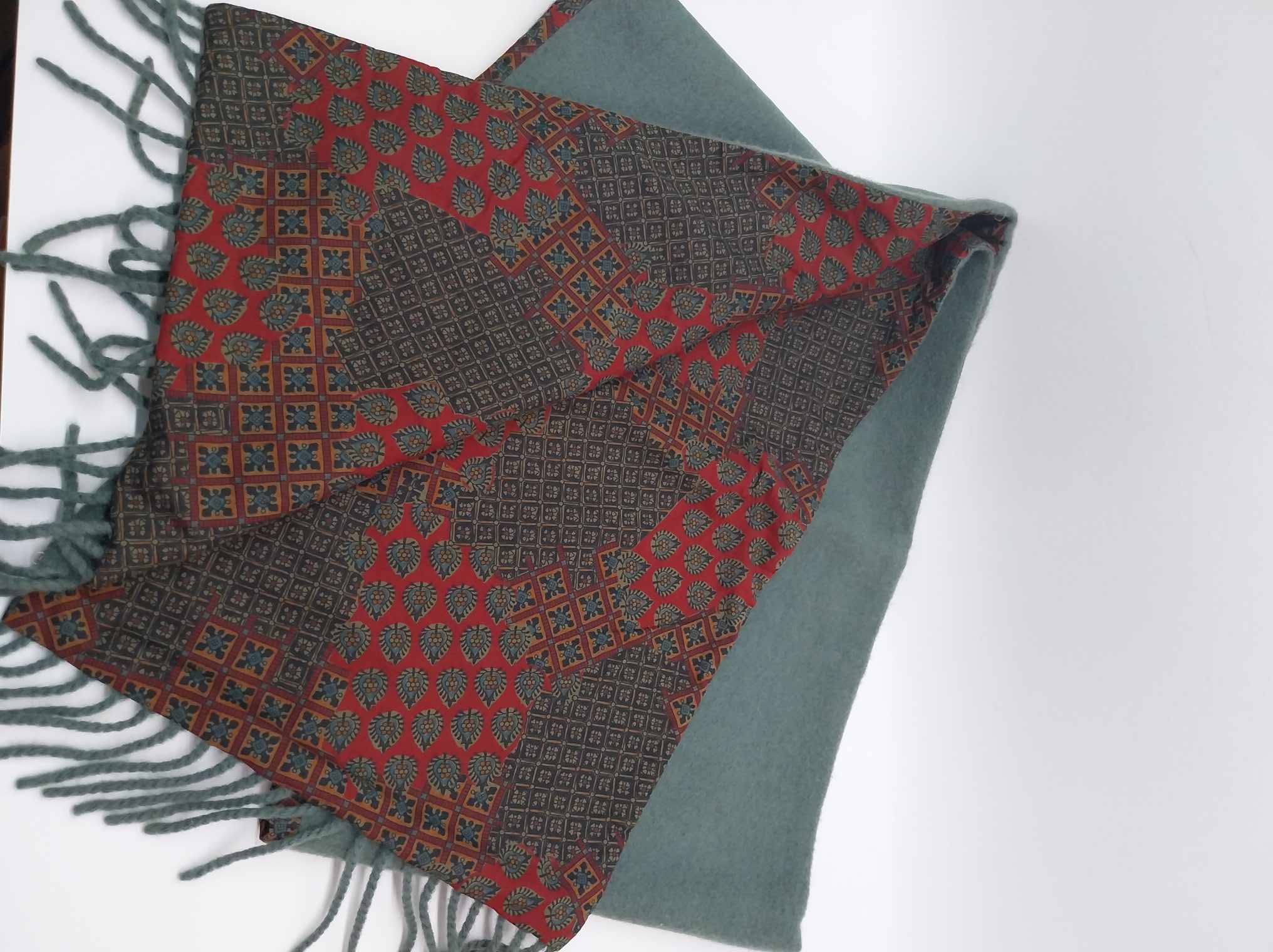 Vintage Hubert Milano Reversible Scarf – Oriental Paisley Print & Sage Green, Fringed