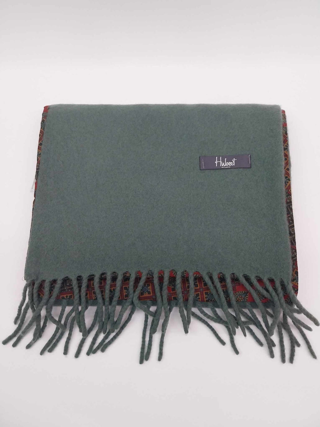 Vintage Hubert Milano Reversible Scarf – Oriental Paisley Print & Sage Green, Fringed