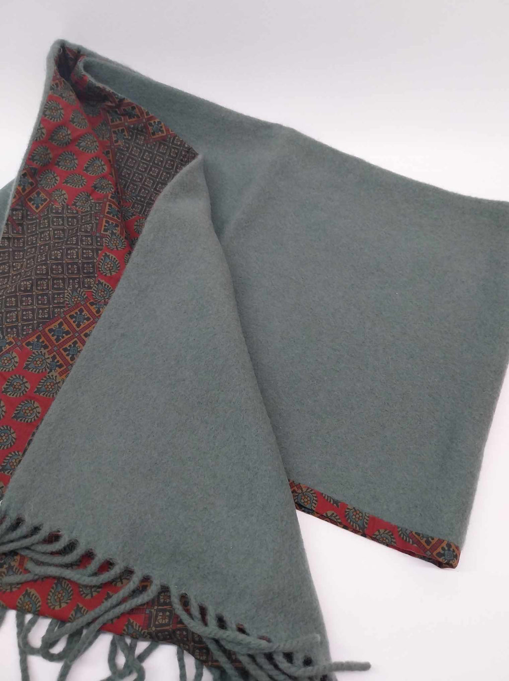 Vintage Hubert Milano Reversible Scarf – Oriental Paisley Print & Sage Green, Fringed