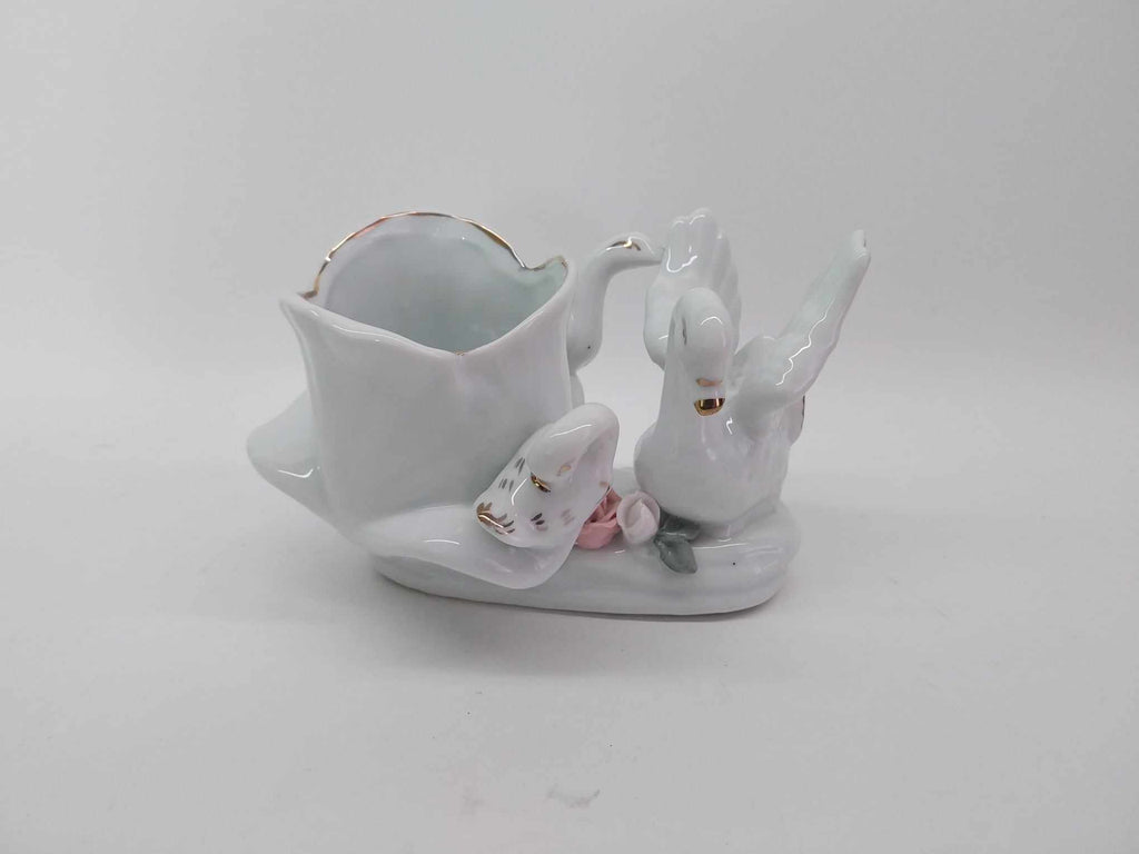 Vintage Porcelain Vase with Three Swans and Roses