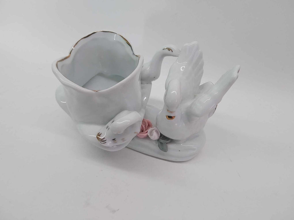 Vintage Porcelain Vase with Three Swans and Roses