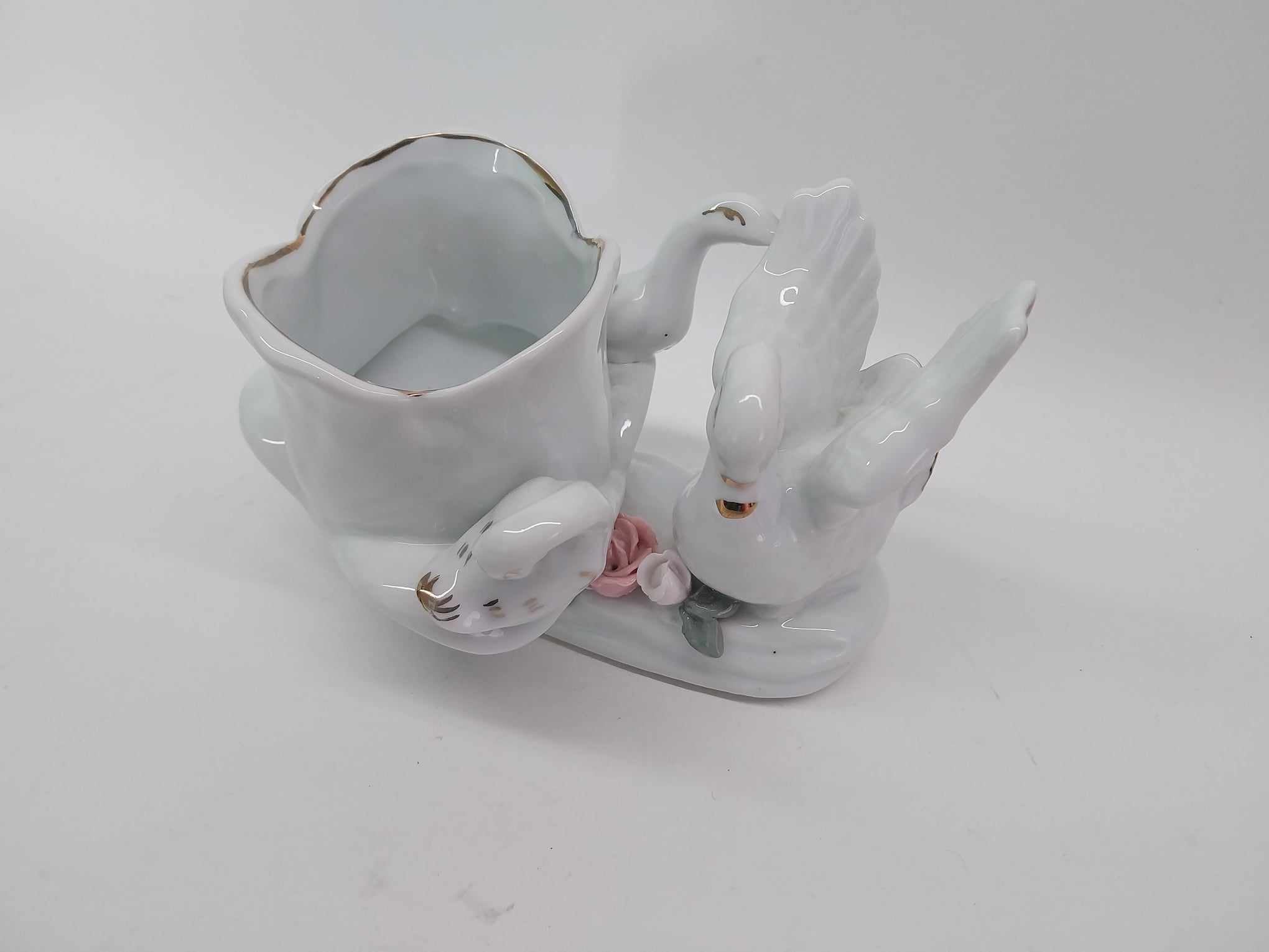Vintage Porcelain Vase with Three Swans and Roses