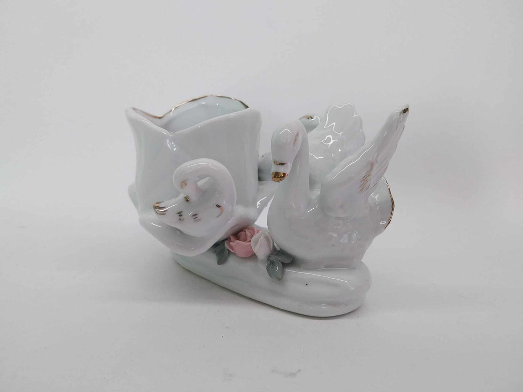 Vintage Porcelain Vase with Three Swans and Roses