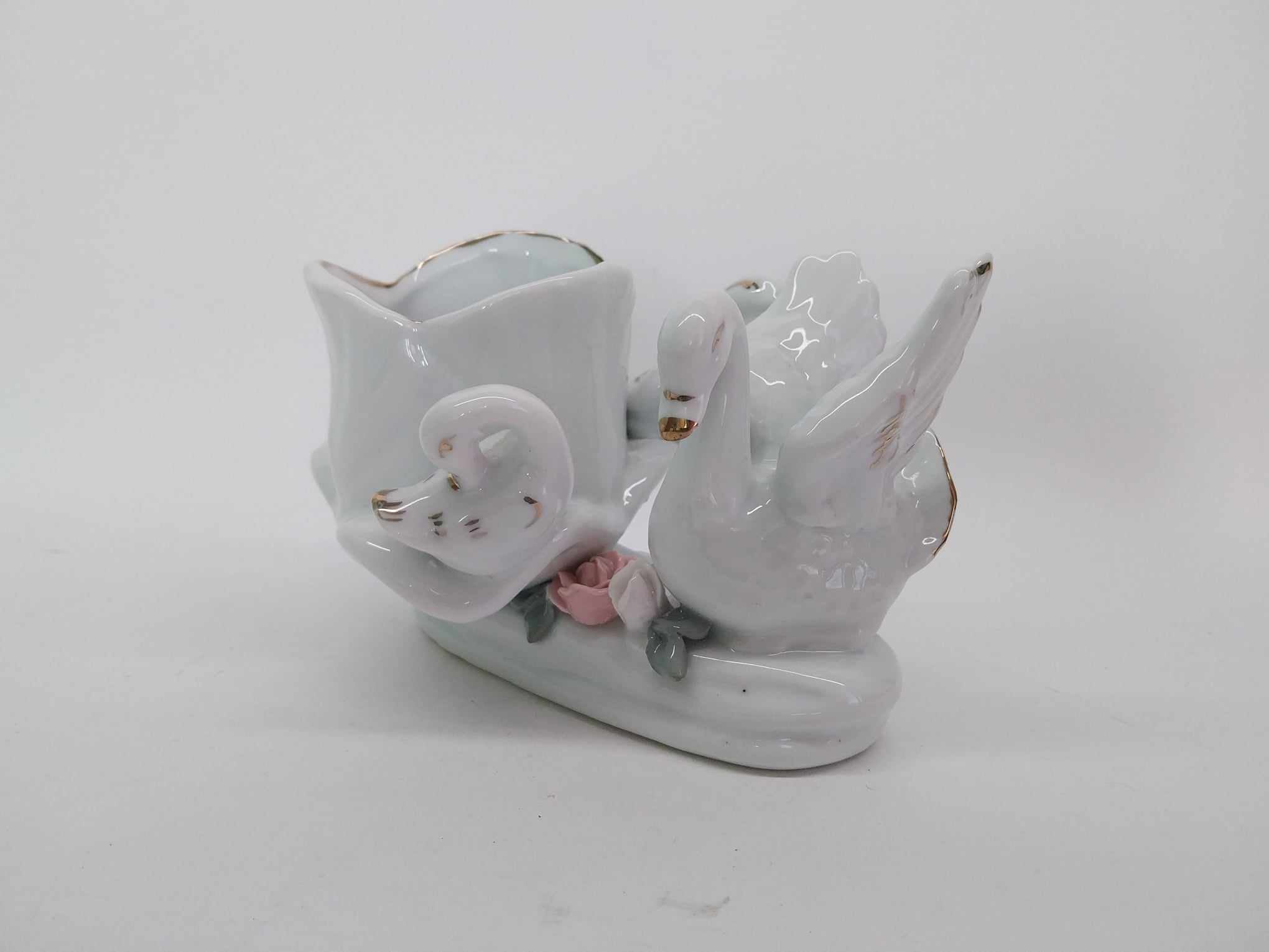Vintage Porcelain Vase with Three Swans and Roses