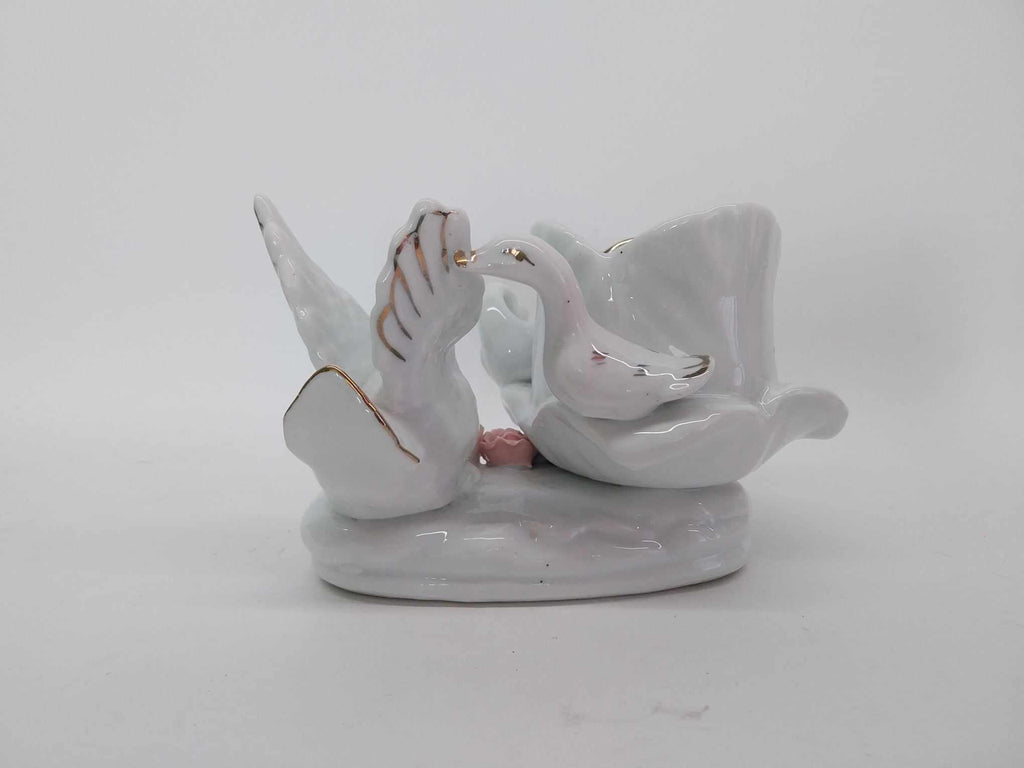 Vintage Porcelain Vase with Three Swans and Roses