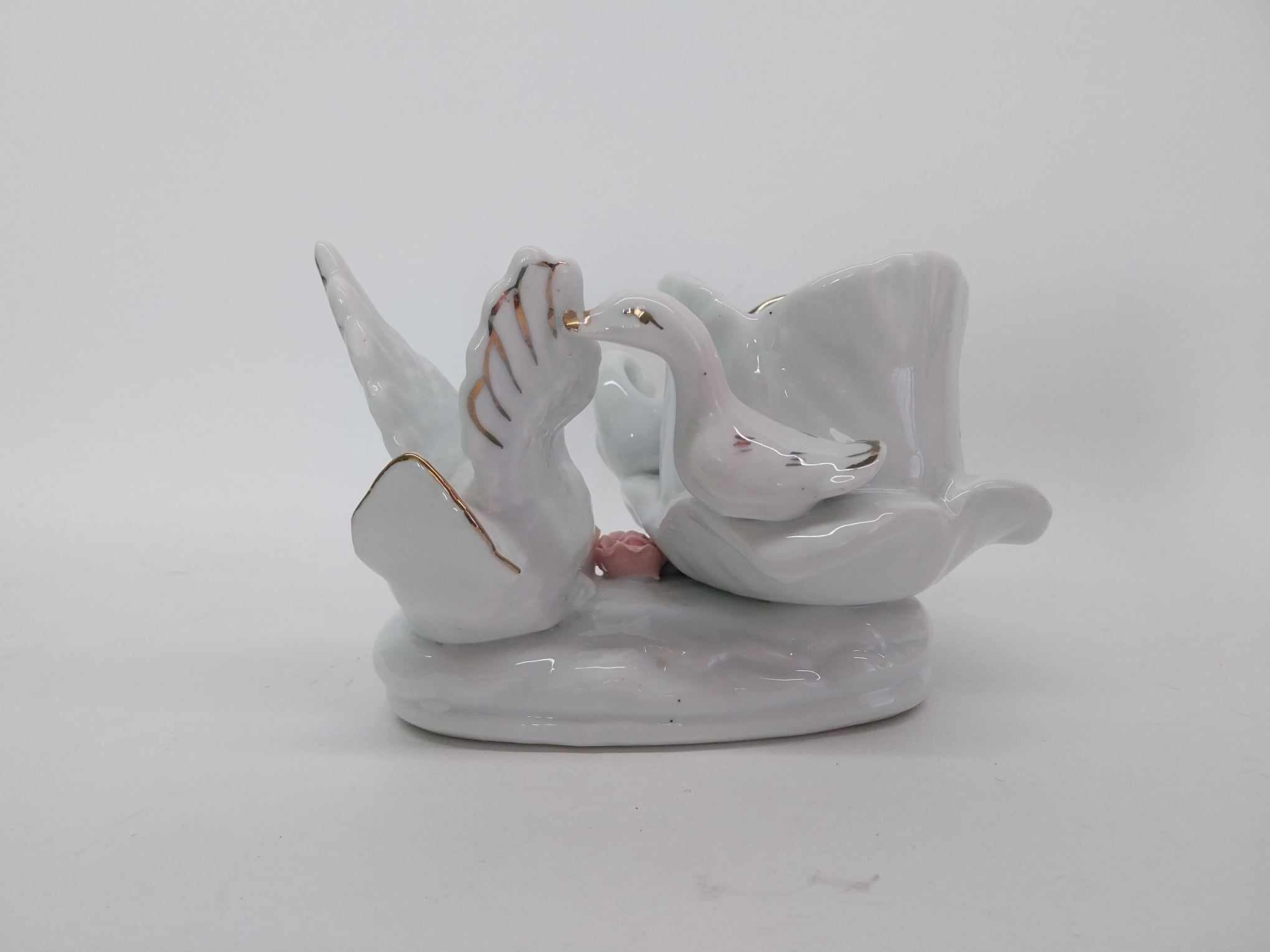 Vintage Porcelain Vase with Three Swans and Roses