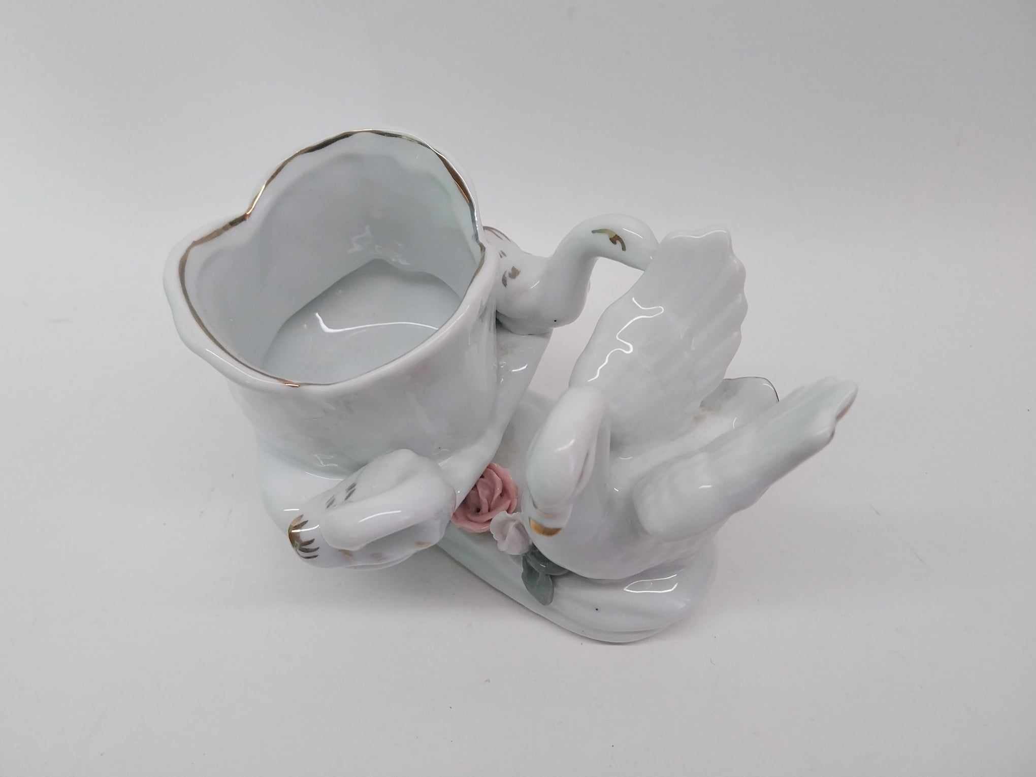 Vintage Porcelain Vase with Three Swans and Roses