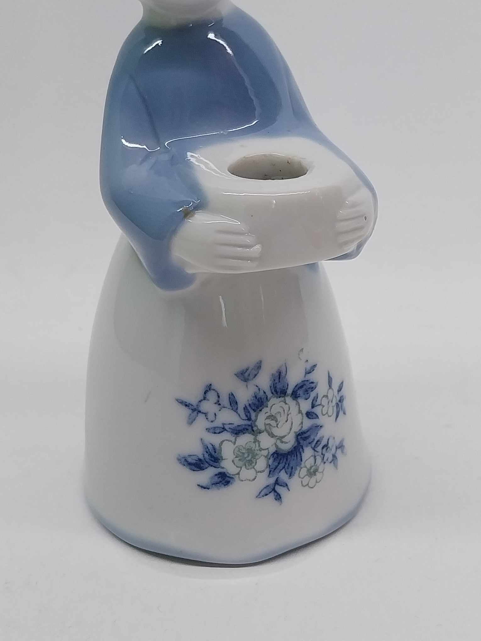 Vintage Porcelain Woman Figurine Candle Holder – Blue & White Floral
